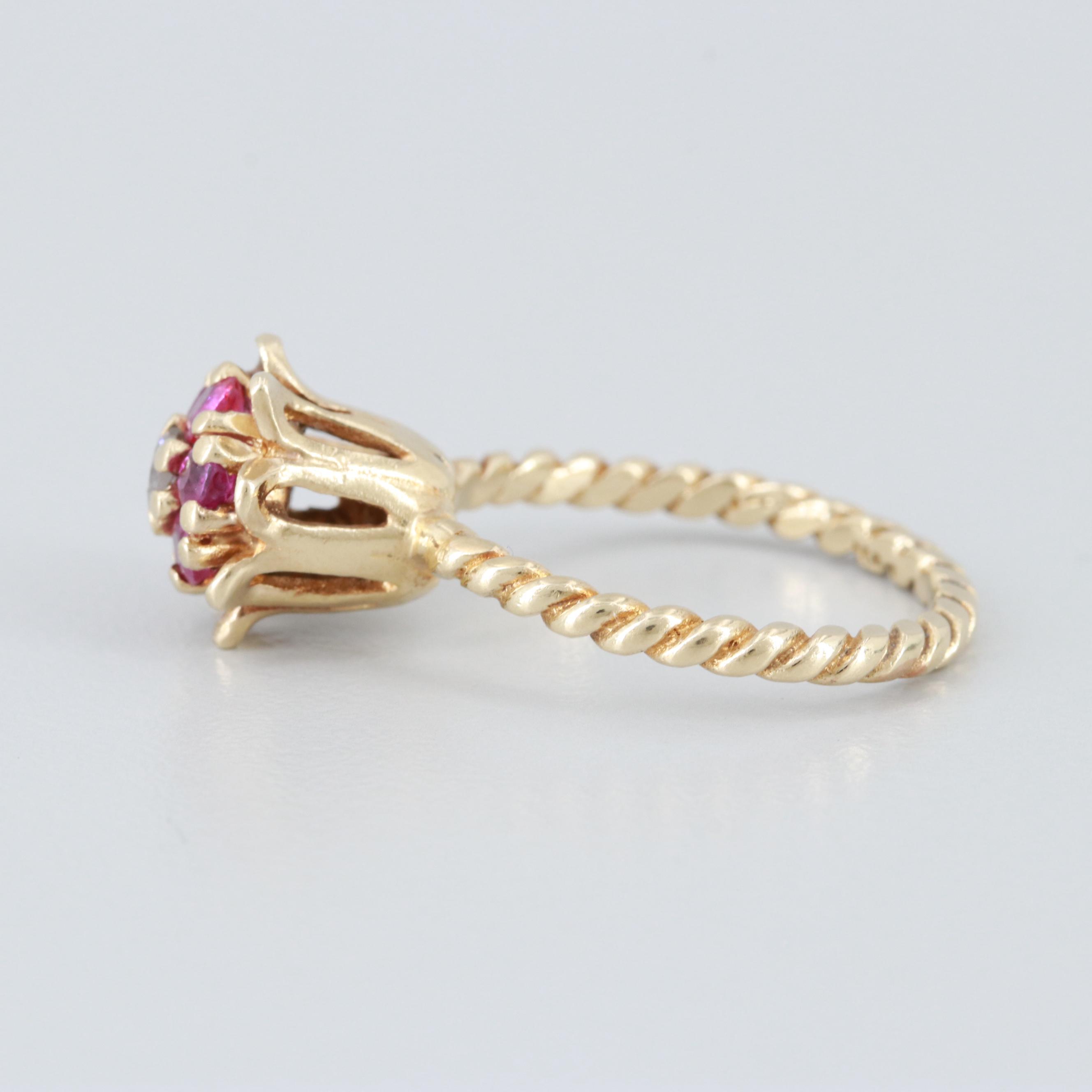 14K Yellow Gold Diamond and Ruby Floral Motif Ring