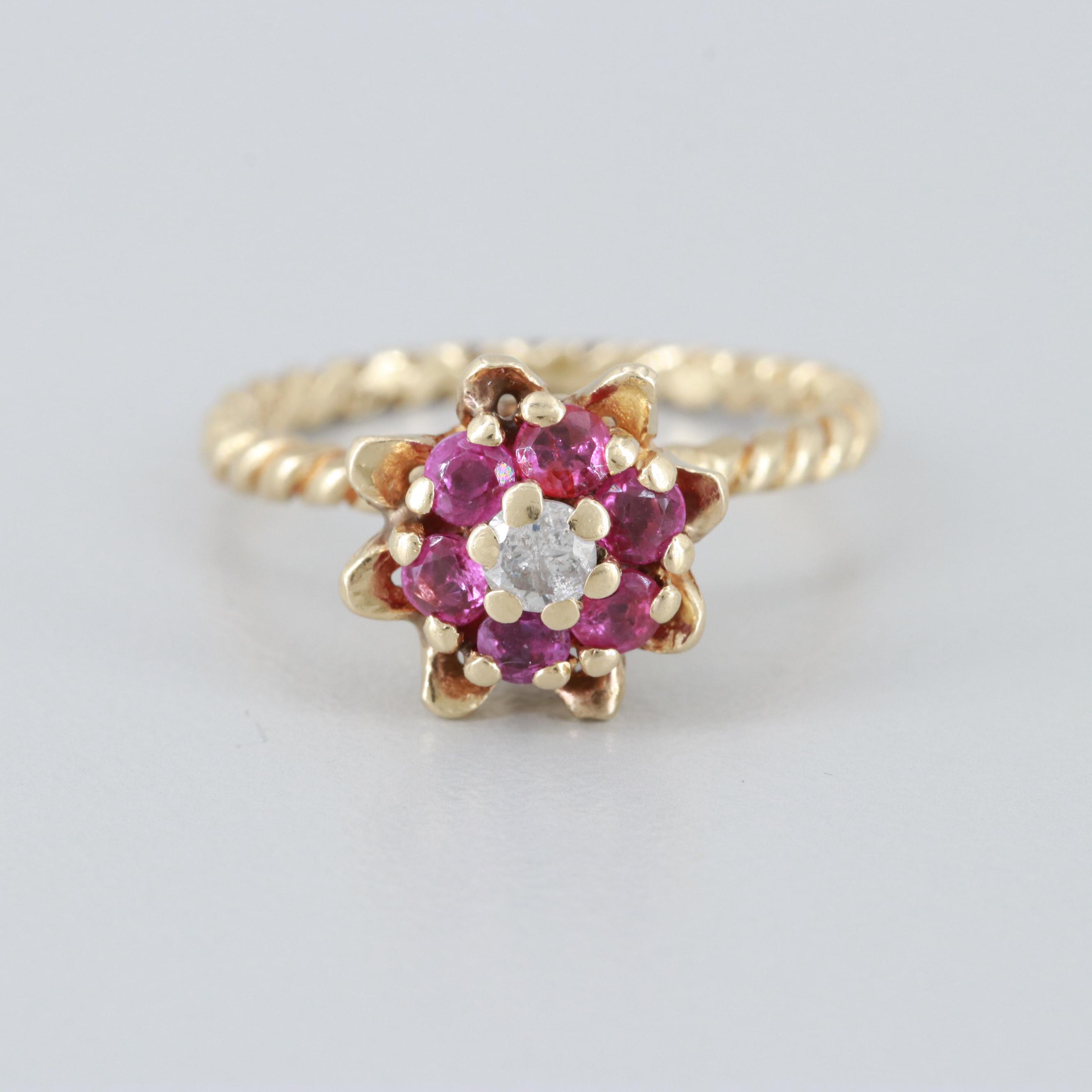 14K Yellow Gold Diamond and Ruby Floral Motif Ring