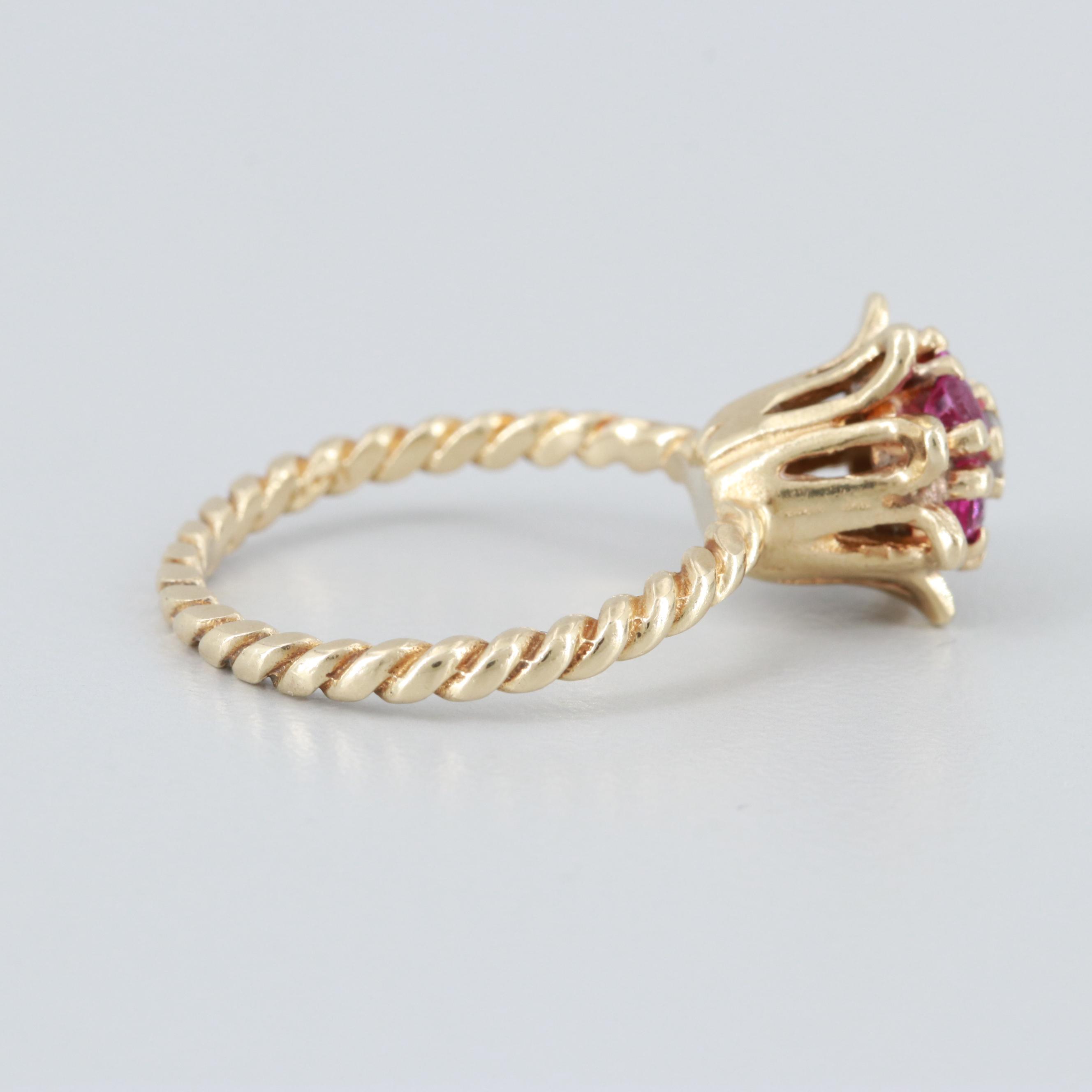 14K Yellow Gold Diamond and Ruby Floral Motif Ring