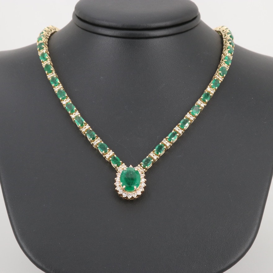 14K Yellow Gold 20.00 CTW Emerald and 3.07 CTW Diamond Necklace