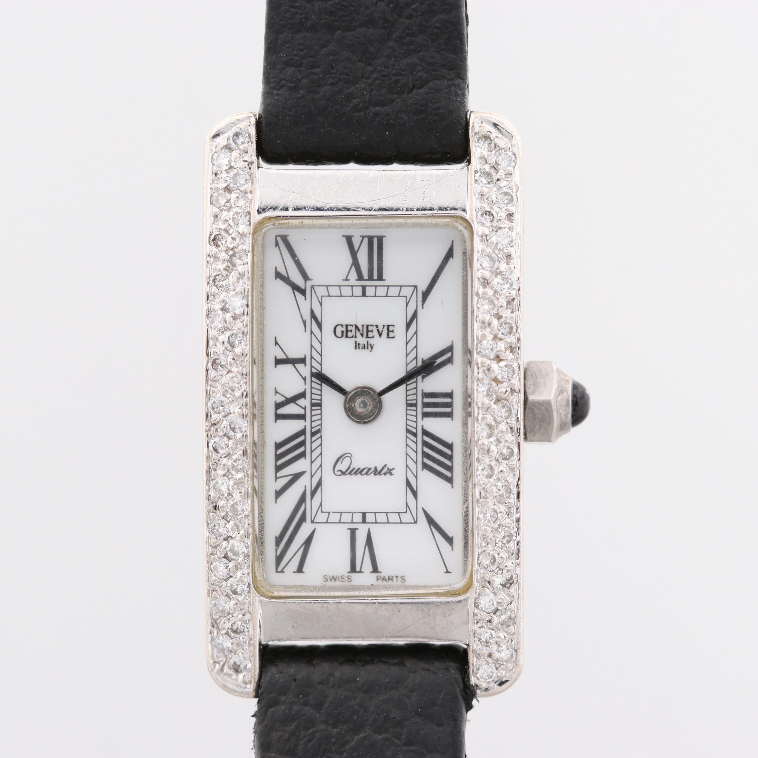 Geneve 14K White Gold Tank Shape Quartz Watch With Diamond Bezel