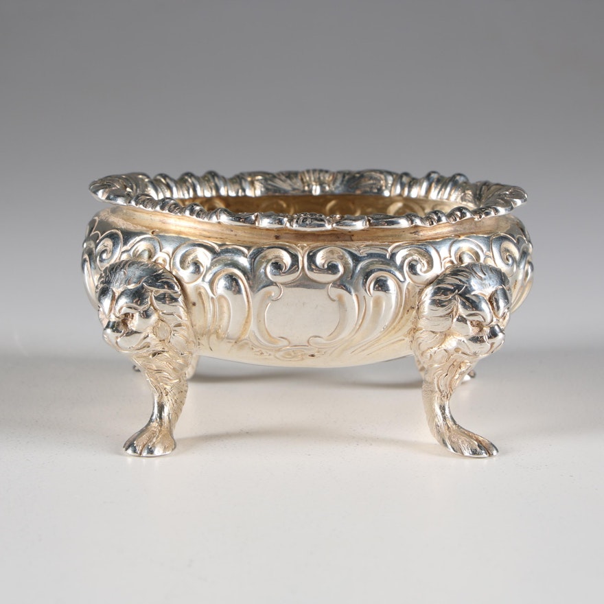 English Sterling Silver Footed  Salt Cellar with Lion Head Motifs, 1861