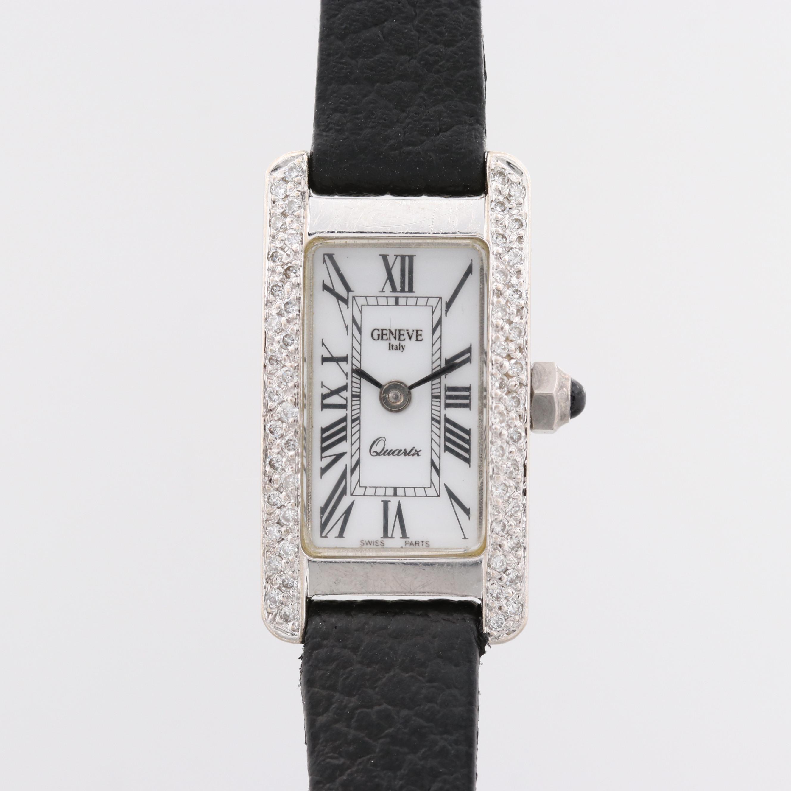Geneve 14K White Gold Tank Shape Quartz Watch With Diamond Bezel