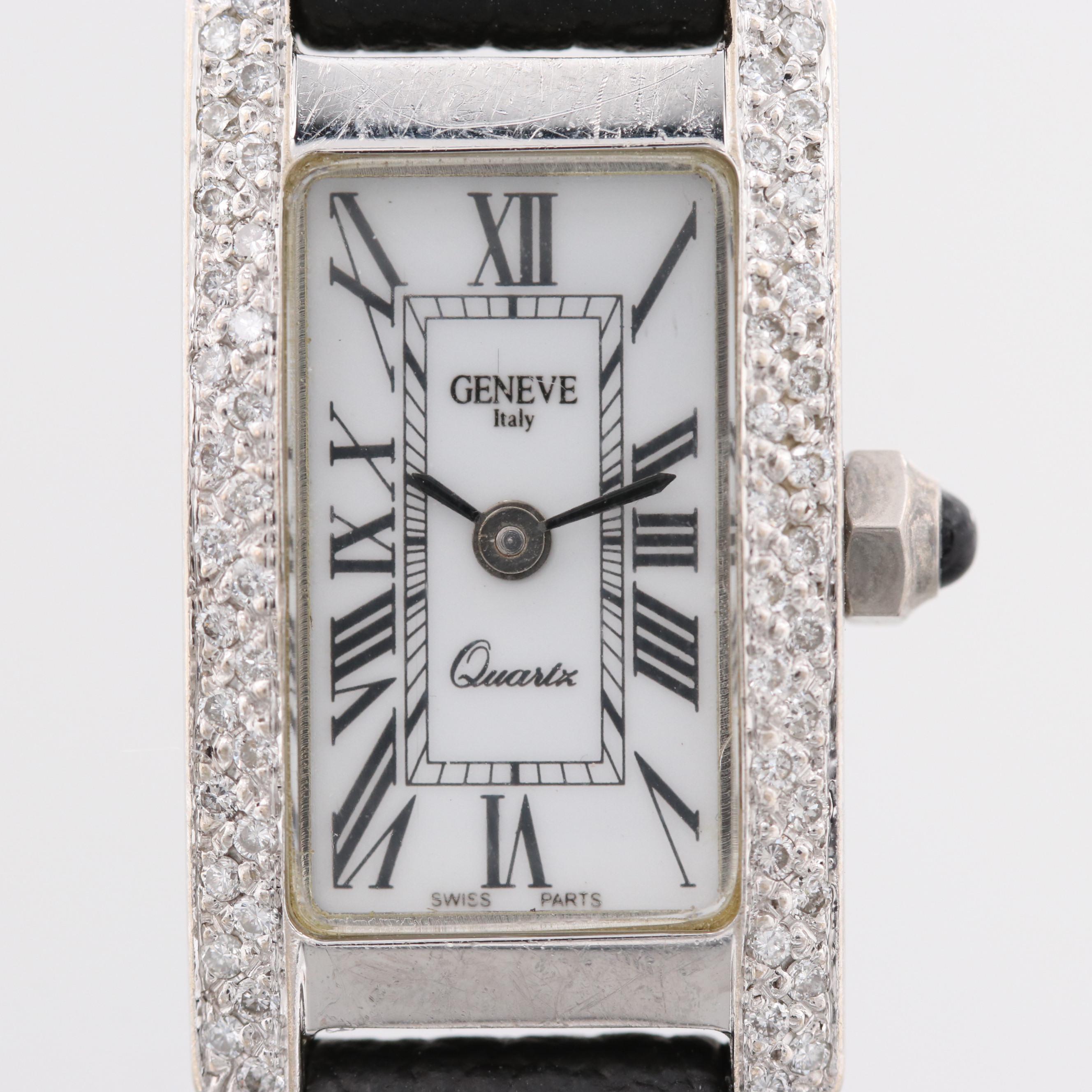 Geneve 14K White Gold Tank Shape Quartz Watch With Diamond Bezel