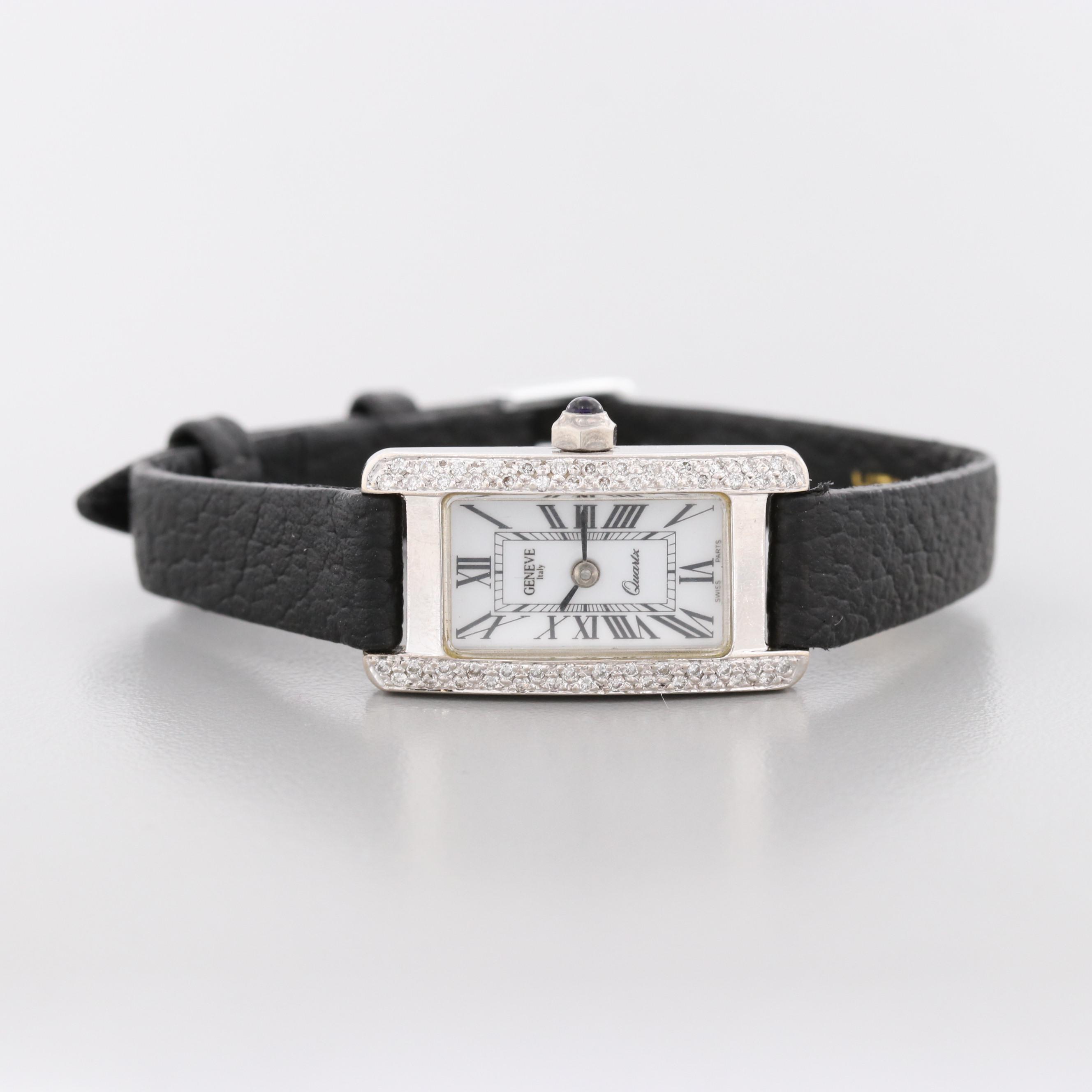 Geneve 14K White Gold Tank Shape Quartz Watch With Diamond Bezel