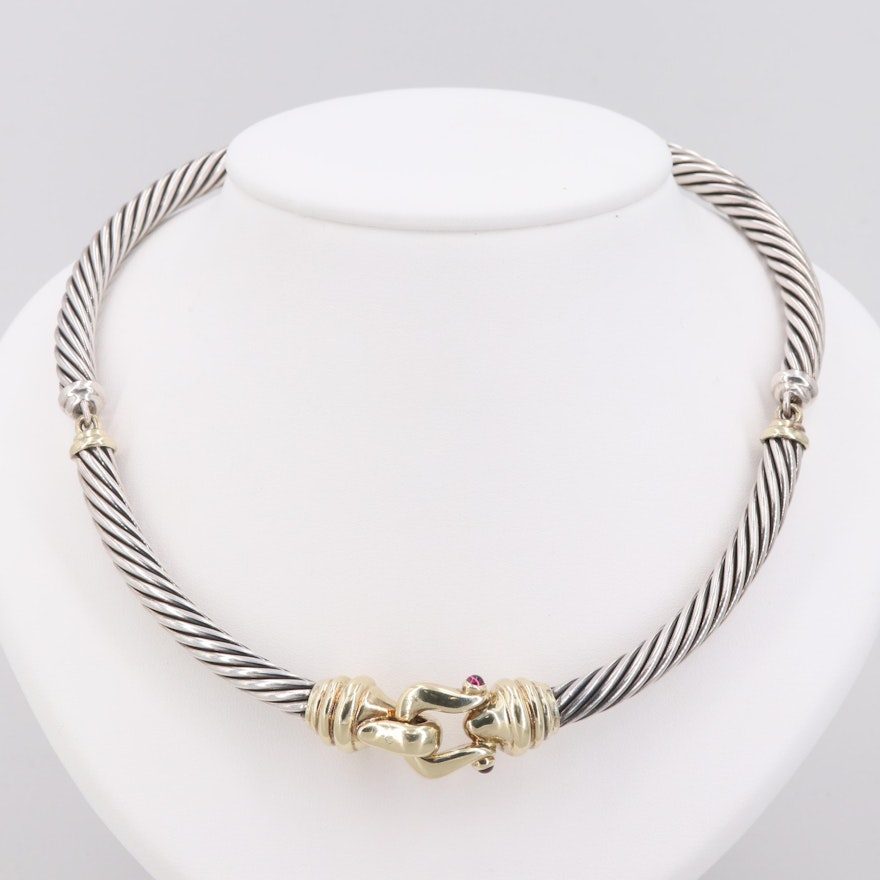 David Yurman Sterling Silver Garnet Necklace with 14K Yellow Gold Accents