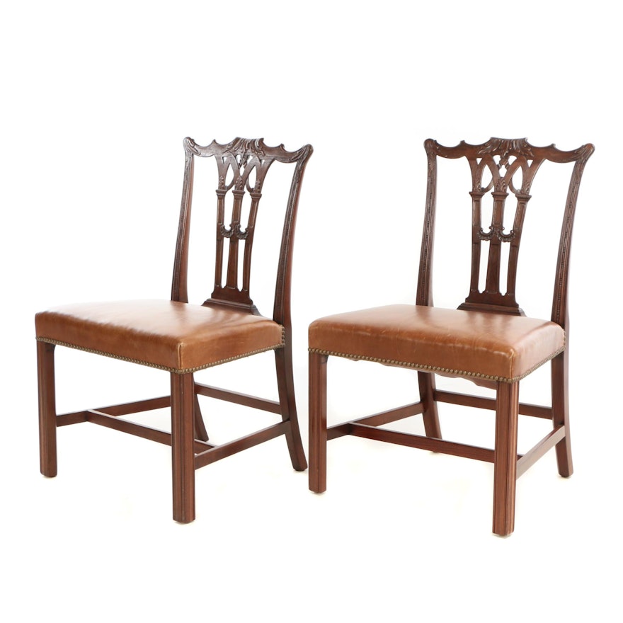 Pair of George III Style Carved Mahogany and Leather Side Chairs, 20th Century