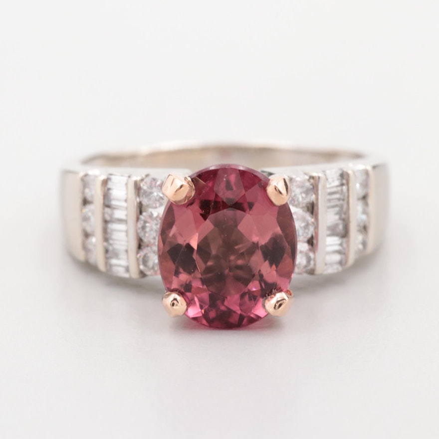 14K White Gold Tourmaline and Diamond Ring with 14K Rose Gold Accent