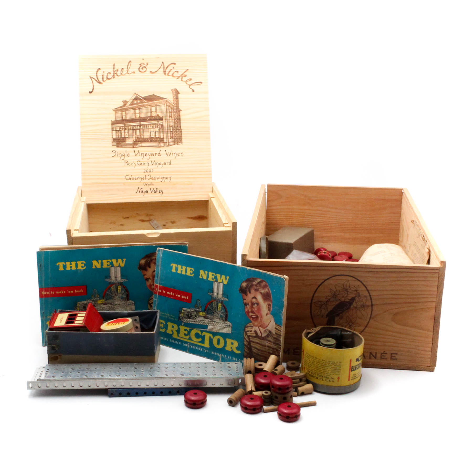 Vintage Erector Set and Tinker Toys With Wooden Boxes