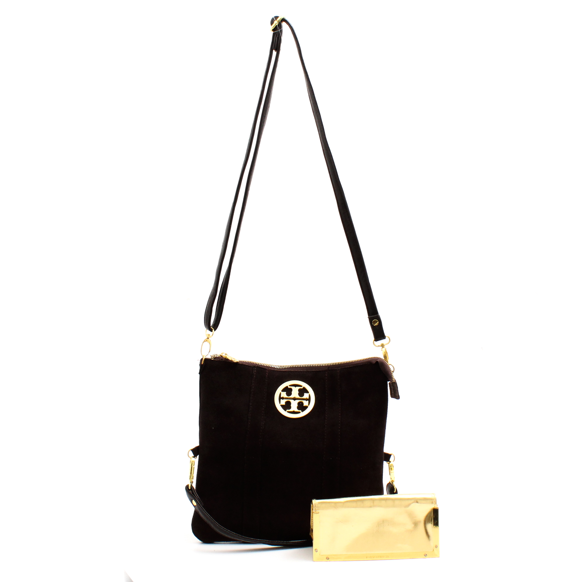 Tory Burch Dark Brown Suede Crossbody Bag and Gold Metallic Eyeglass Case