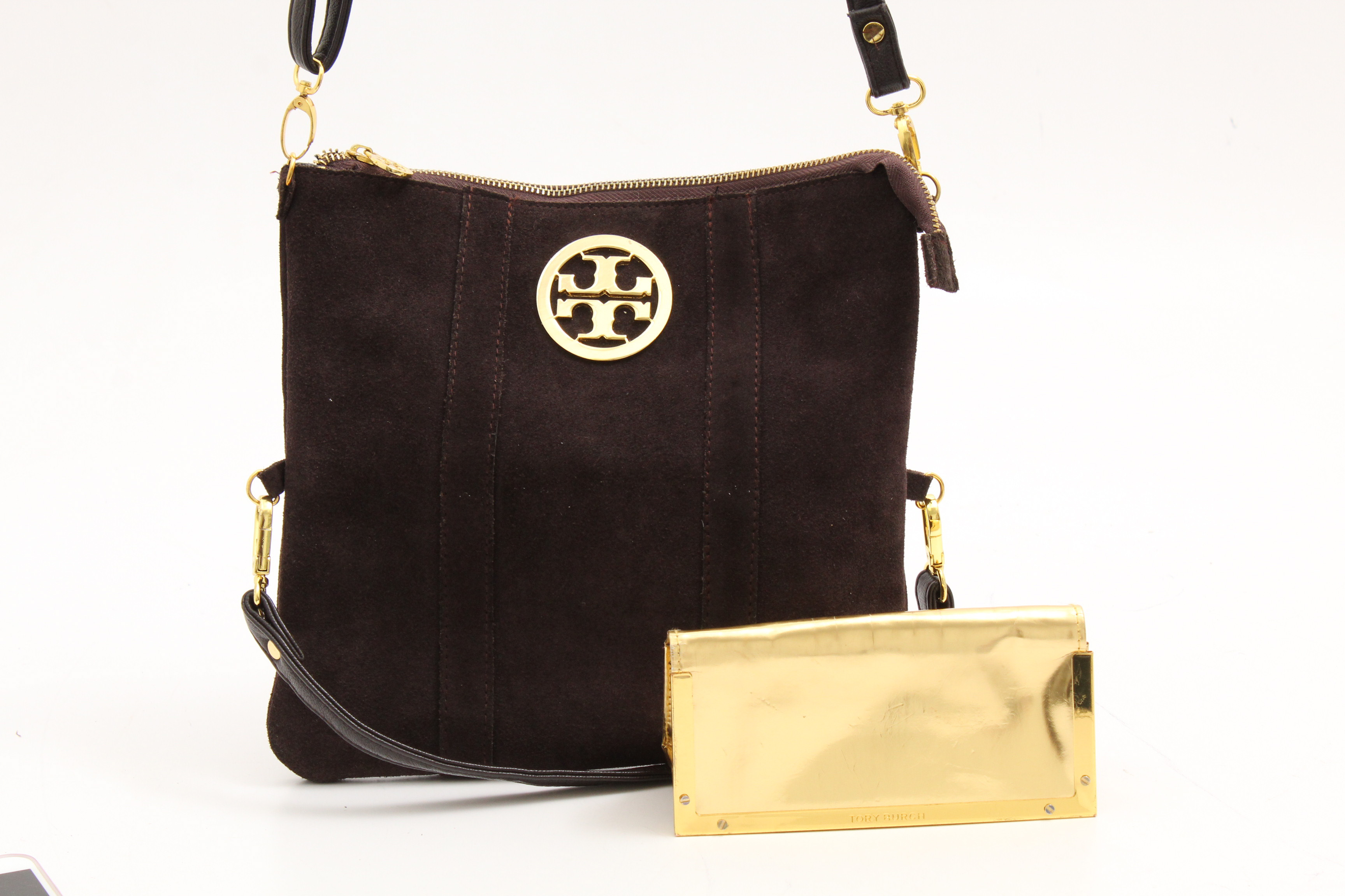 Tory Burch Dark Brown Suede Crossbody Bag and Gold Metallic Eyeglass Case