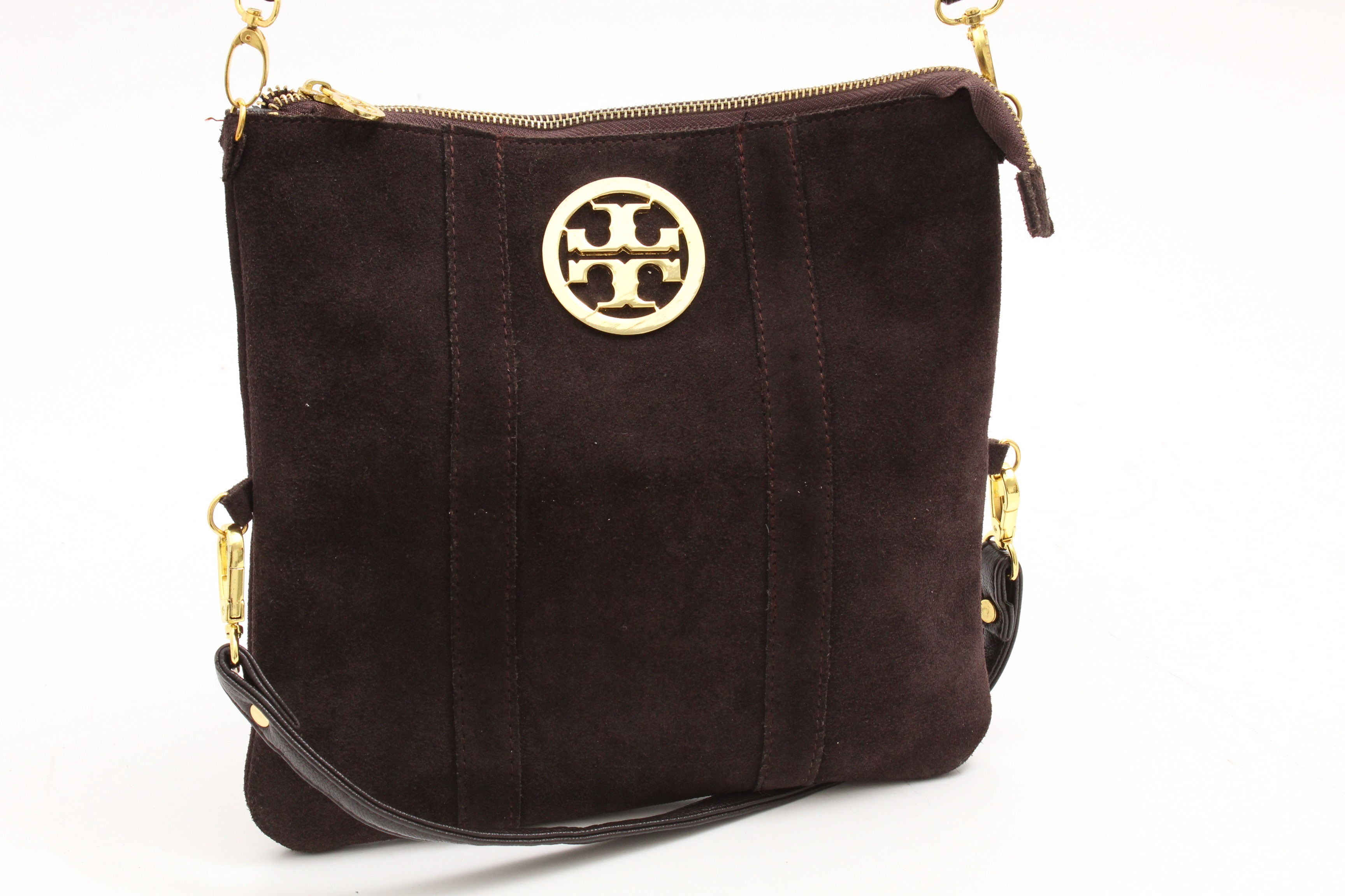 Tory Burch Dark Brown Suede Crossbody Bag and Gold Metallic Eyeglass Case