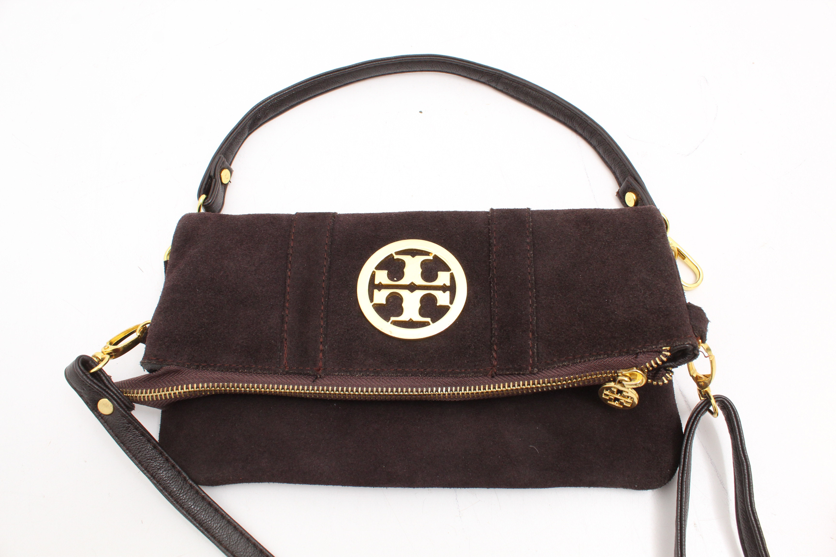 Tory Burch Dark Brown Suede Crossbody Bag and Gold Metallic Eyeglass Case
