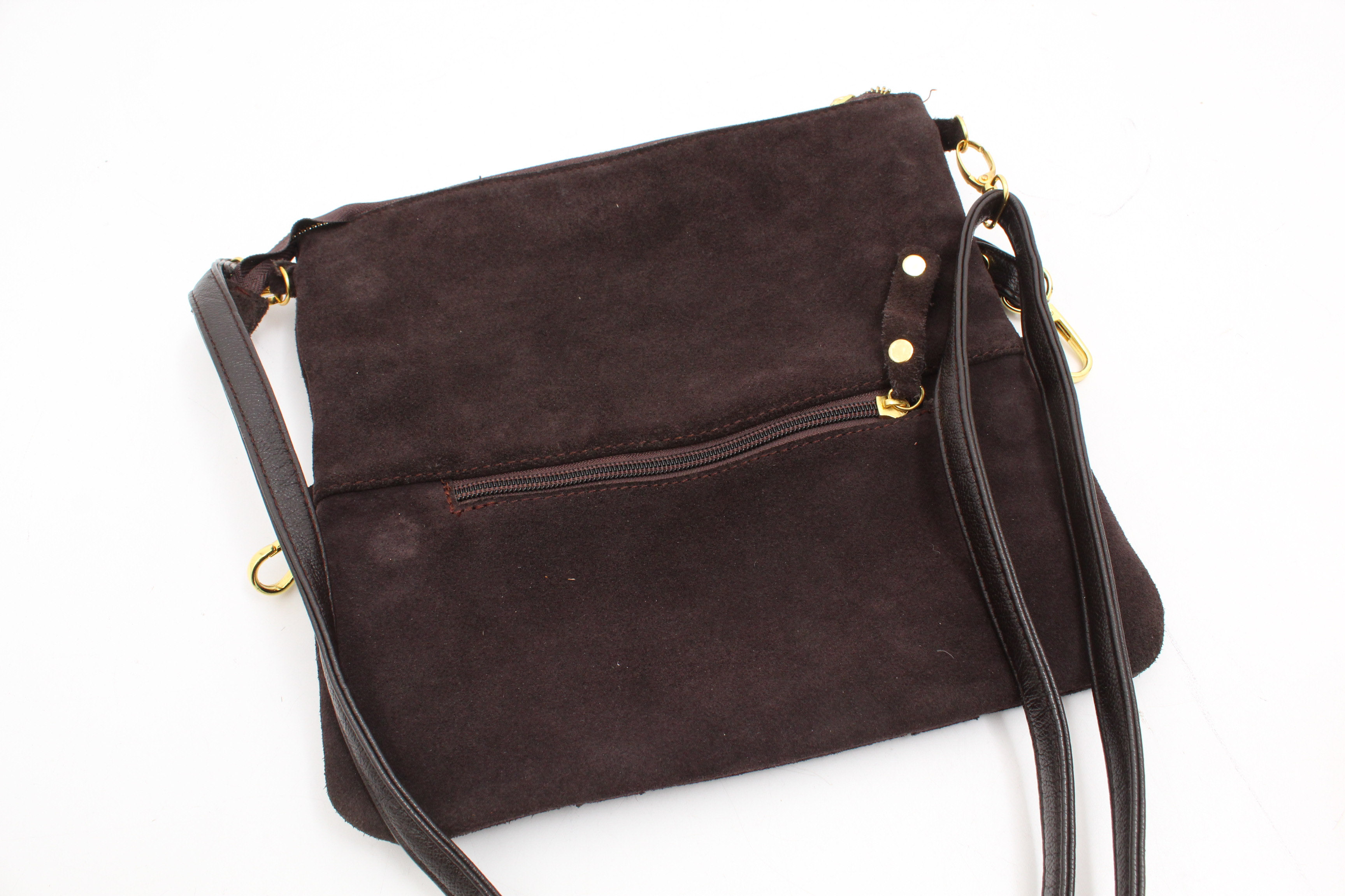 Tory Burch Dark Brown Suede Crossbody Bag and Gold Metallic Eyeglass Case