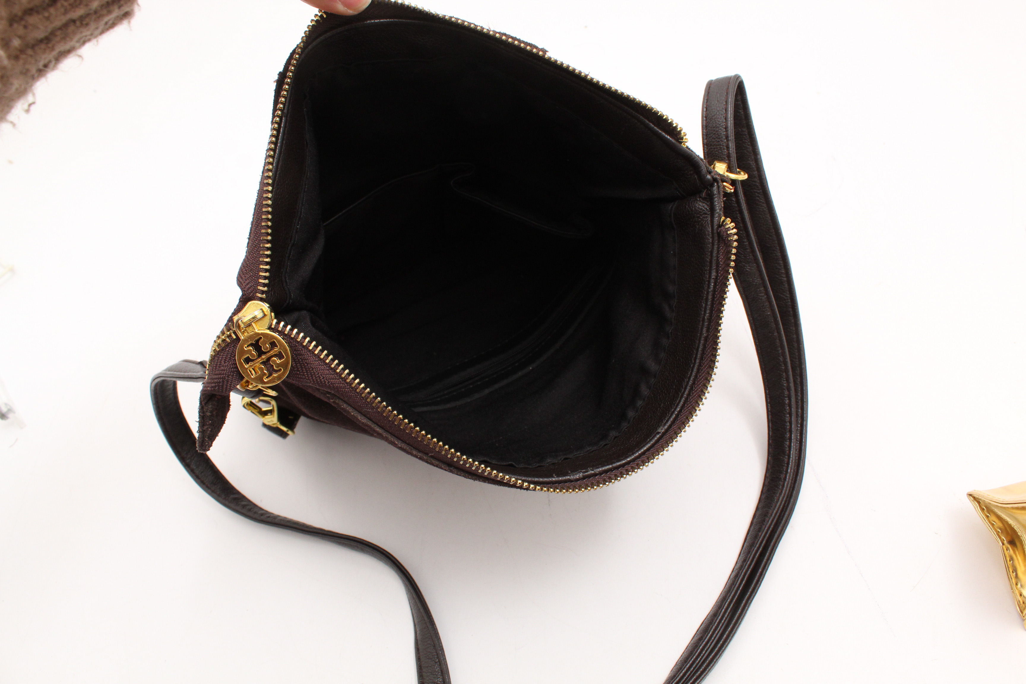 Tory Burch Dark Brown Suede Crossbody Bag and Gold Metallic Eyeglass Case
