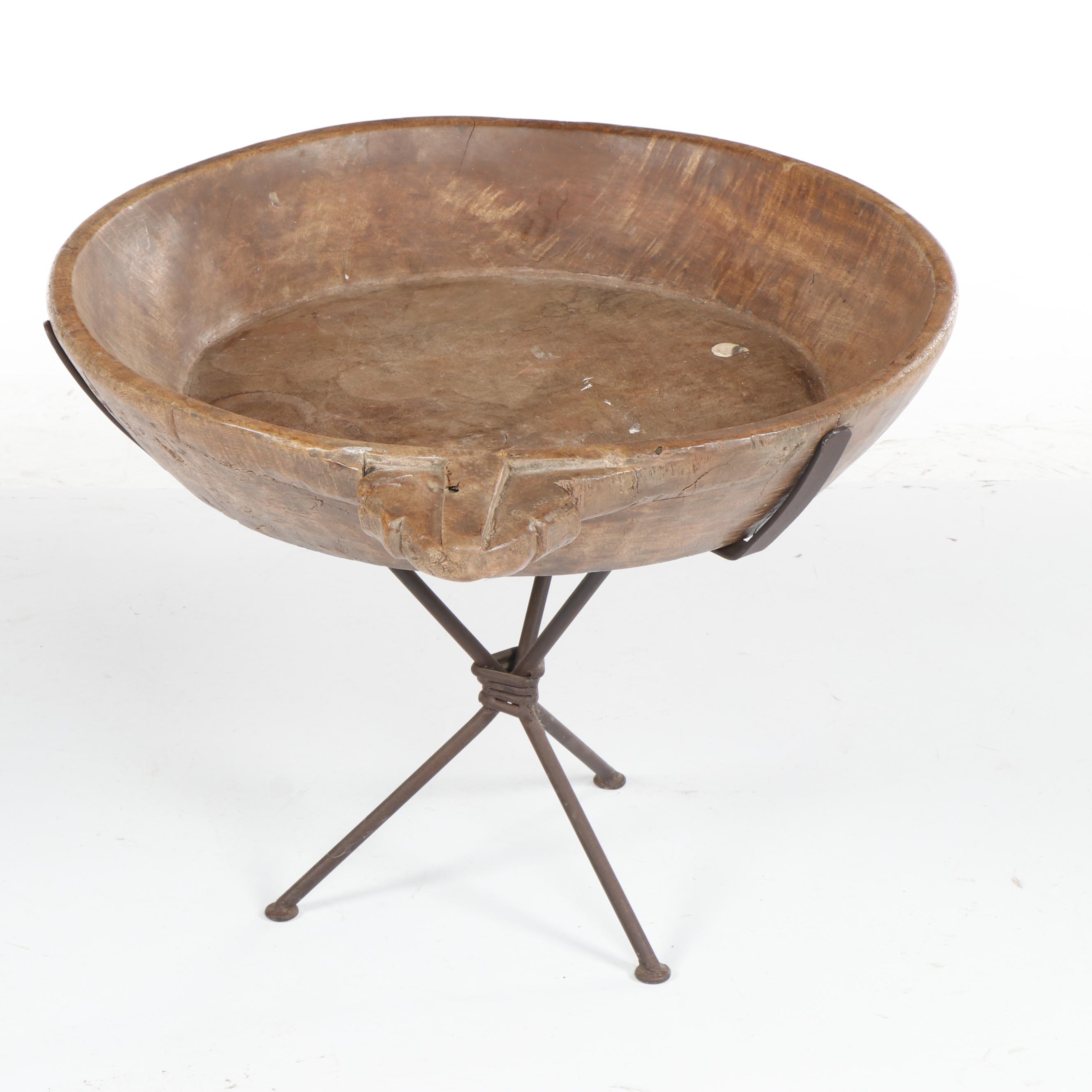 Primitive Wooden Dough Bowl with Iron Stand Accent Table, 19th Century and Later