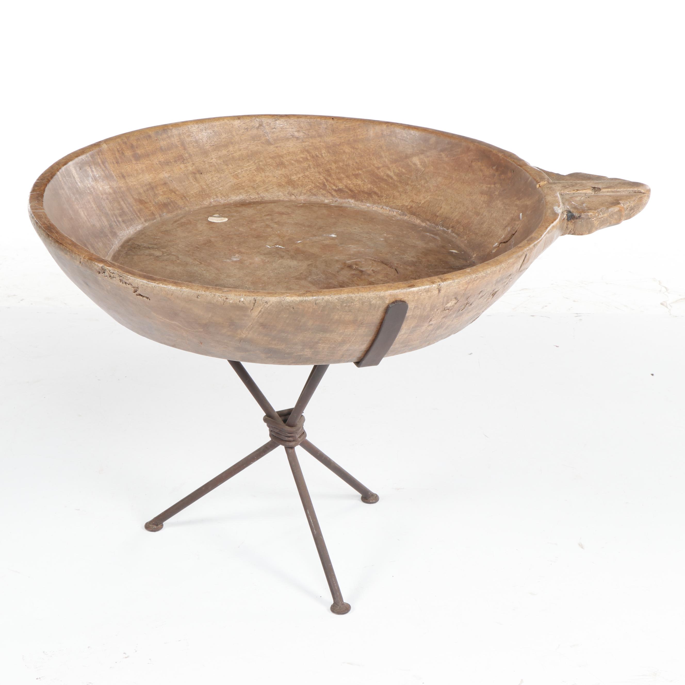 Primitive Wooden Dough Bowl with Iron Stand Accent Table, 19th Century and Later