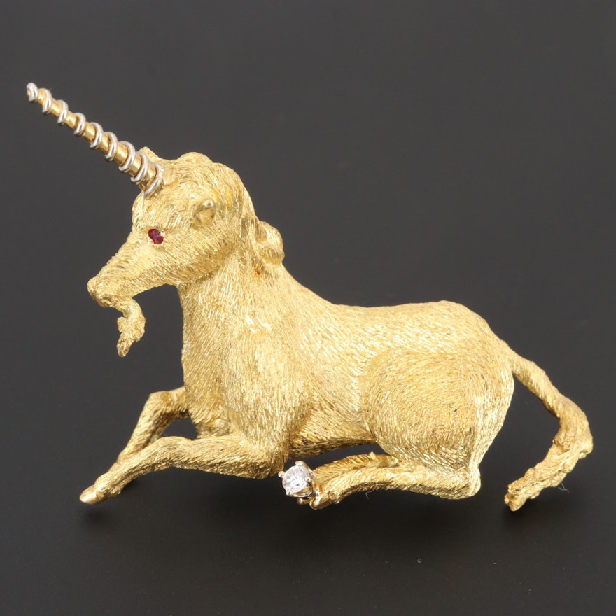 18K Yellow Gold Ruby and Diamond Unicorn Brooch