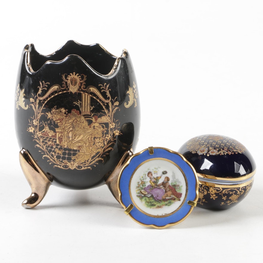 Limoges Porcelain Egg-Shaped Vase and Trinket Box with Miniature Plate
