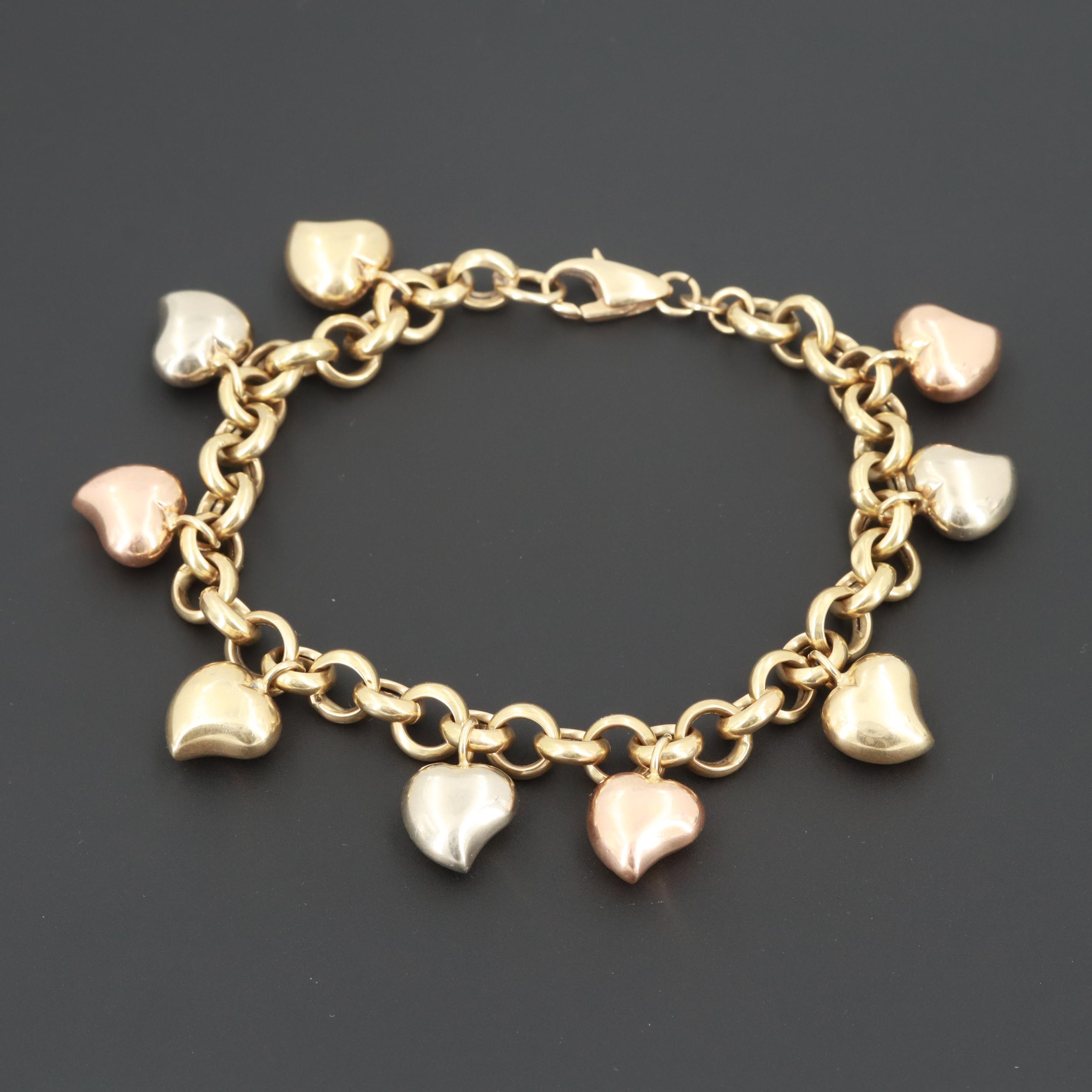 Italian 14K Yellow Gold Puffy Heart Bracelet with White and Rose Gold Charms