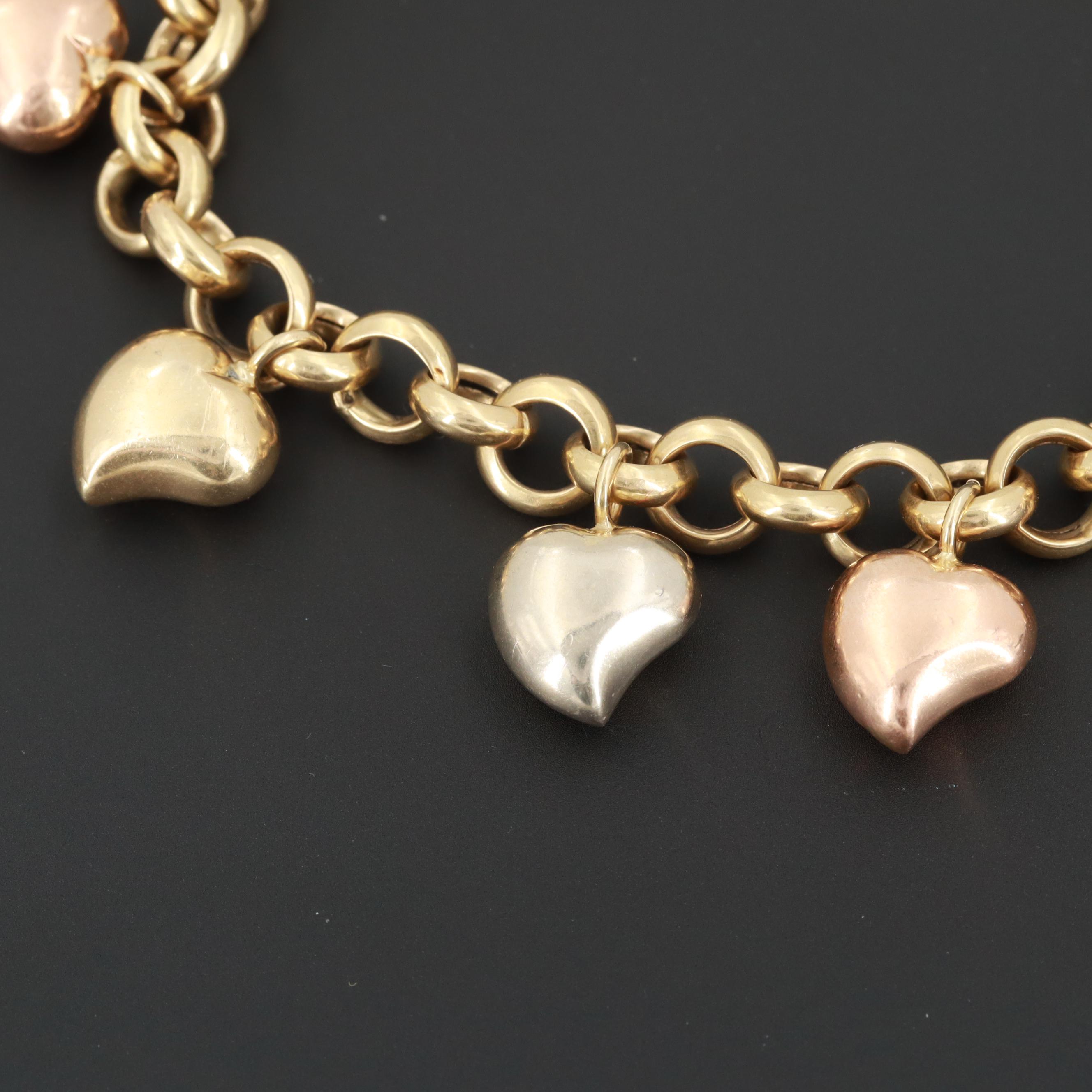 Italian 14K Yellow Gold Puffy Heart Bracelet with White and Rose Gold Charms