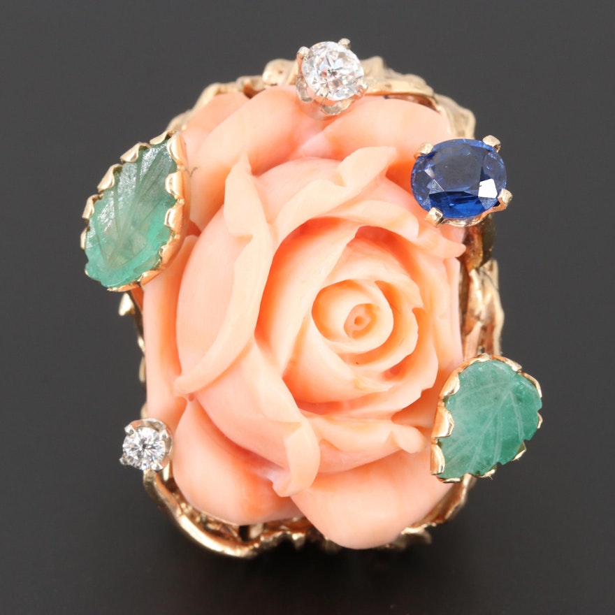 Vintage 14K Yellow Gold Coral Blossom Ring with Nephrite, Sapphire and Diamond