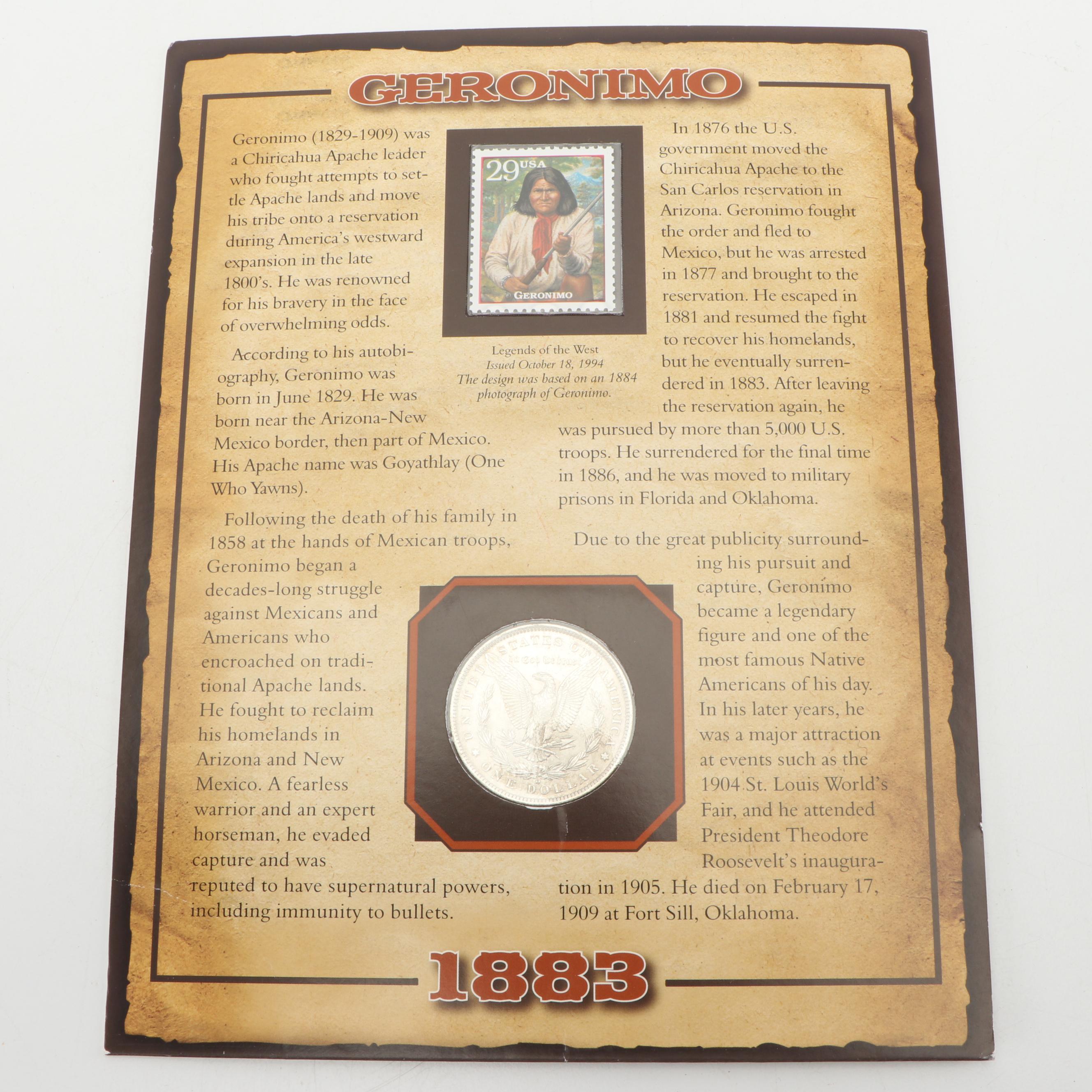 1883-O Morgan Silver Dollar with 1994 "Geronimo" Collectible Postage Stamp