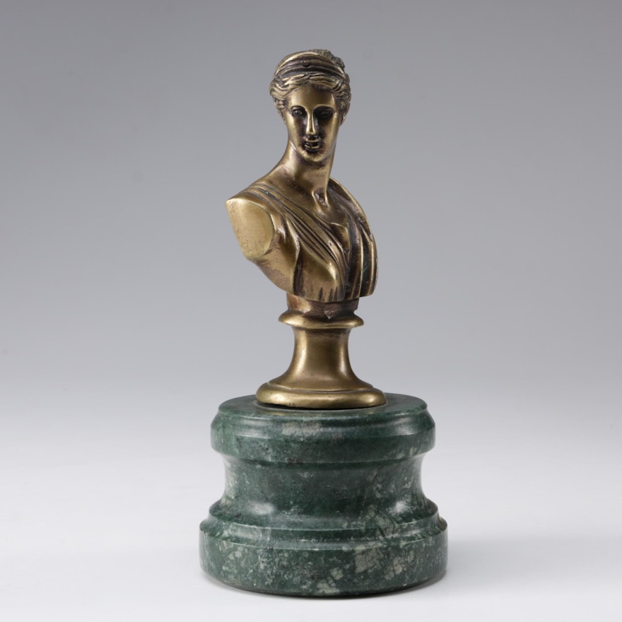 Lacquered Brass Forever Lovely & Beautiful Grecian Bust with Green Marble Base