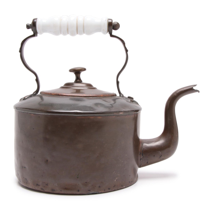 Antique Bronze Cast Tea Kettle with White Porcelain Handle