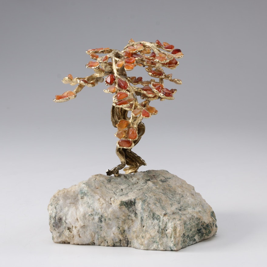 Brass Bonsai Tree with Carnelian Blossoms on Calcite Base