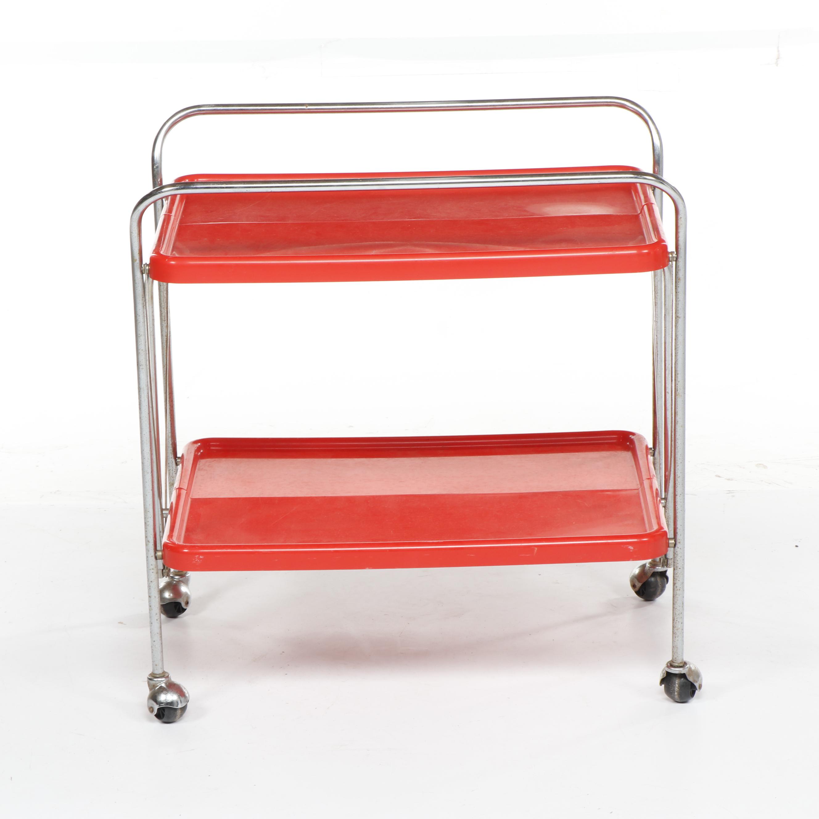 Mid Century Collapsible Red Plastic Kitchen Cart with Chrome Legs