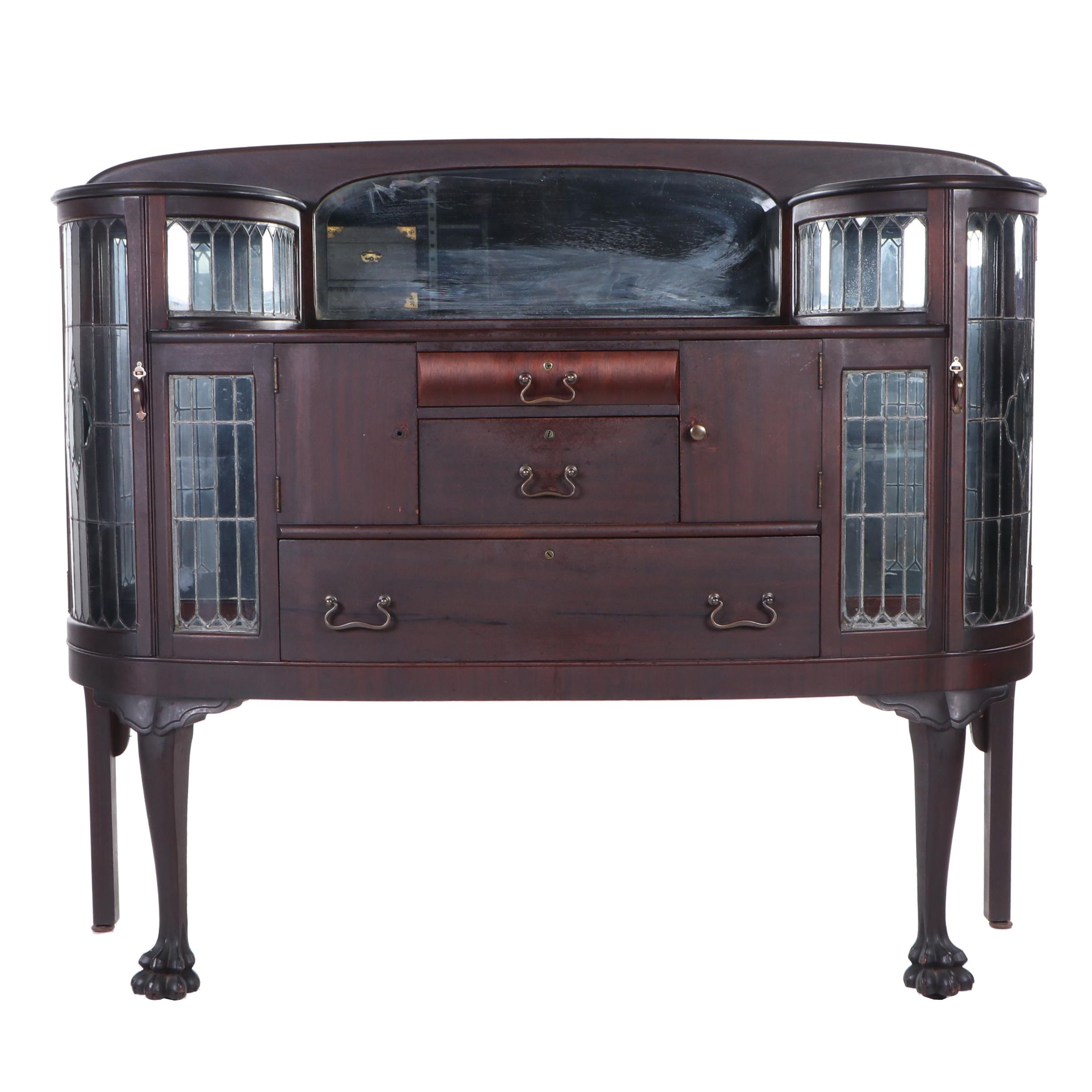 Chippendale Style Mahogany and Leaded Glass Sideboard, Early 20th Century