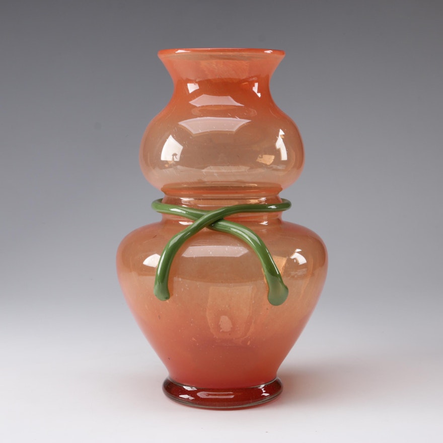 Romanian Hand Blown Orange and Green Art Glass Gourd Vase