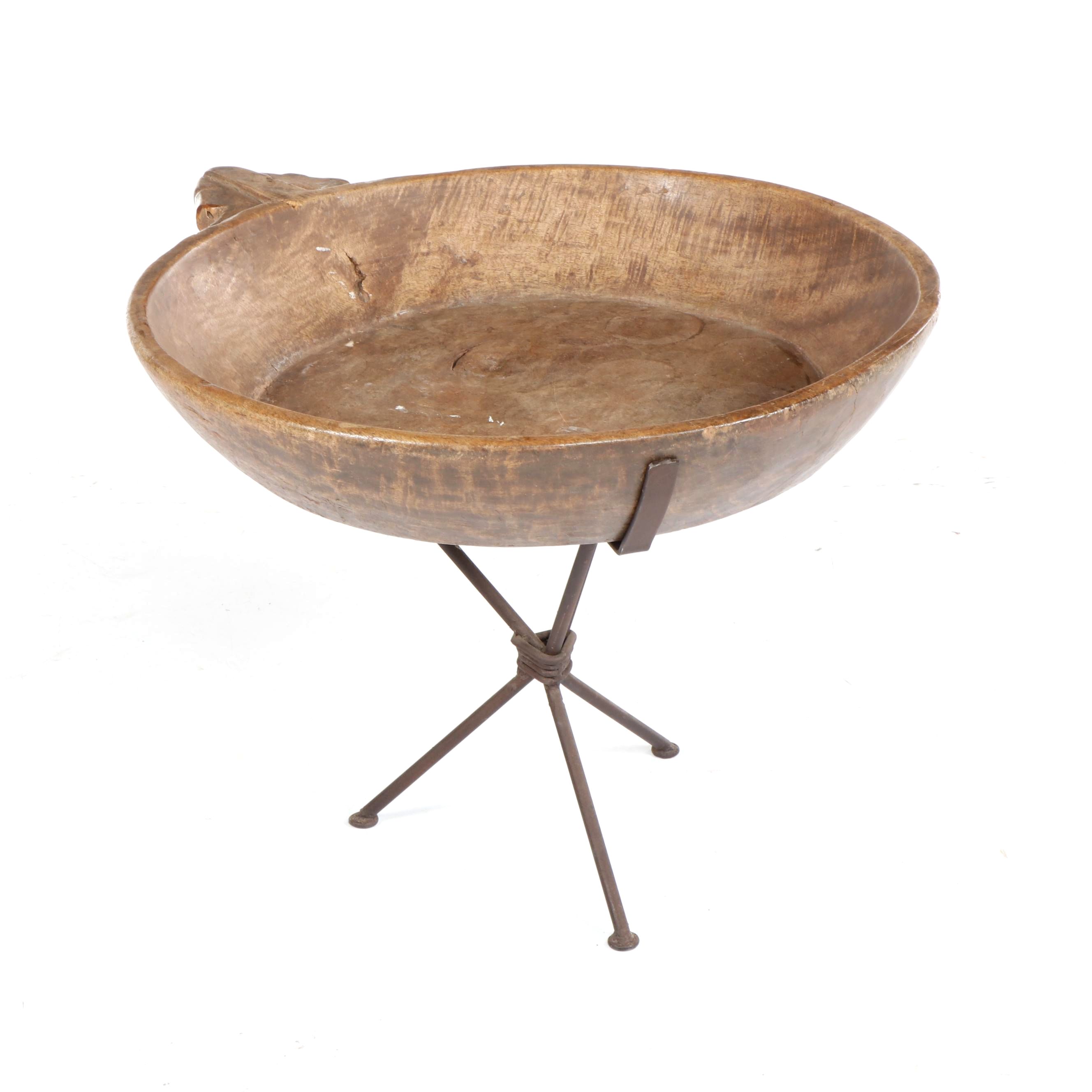 Primitive Wooden Dough Bowl with Iron Stand Accent Table, 19th Century and Later
