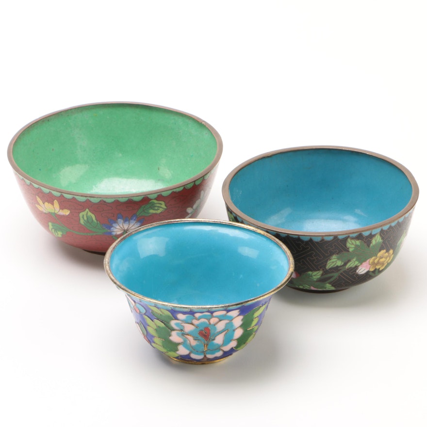 Chinese Floral Cloisonné Rice Bowls, Late 20th Century