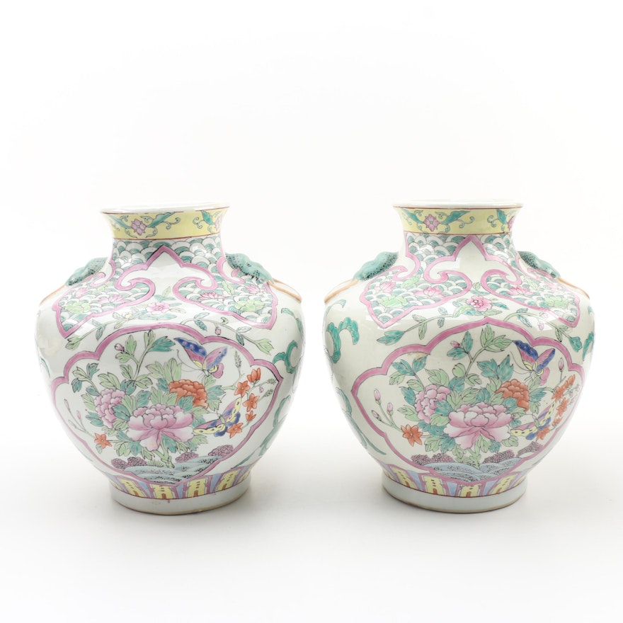 Chinese Ceramic Vases with Peony and Butterfly Motif, Late 20th Century