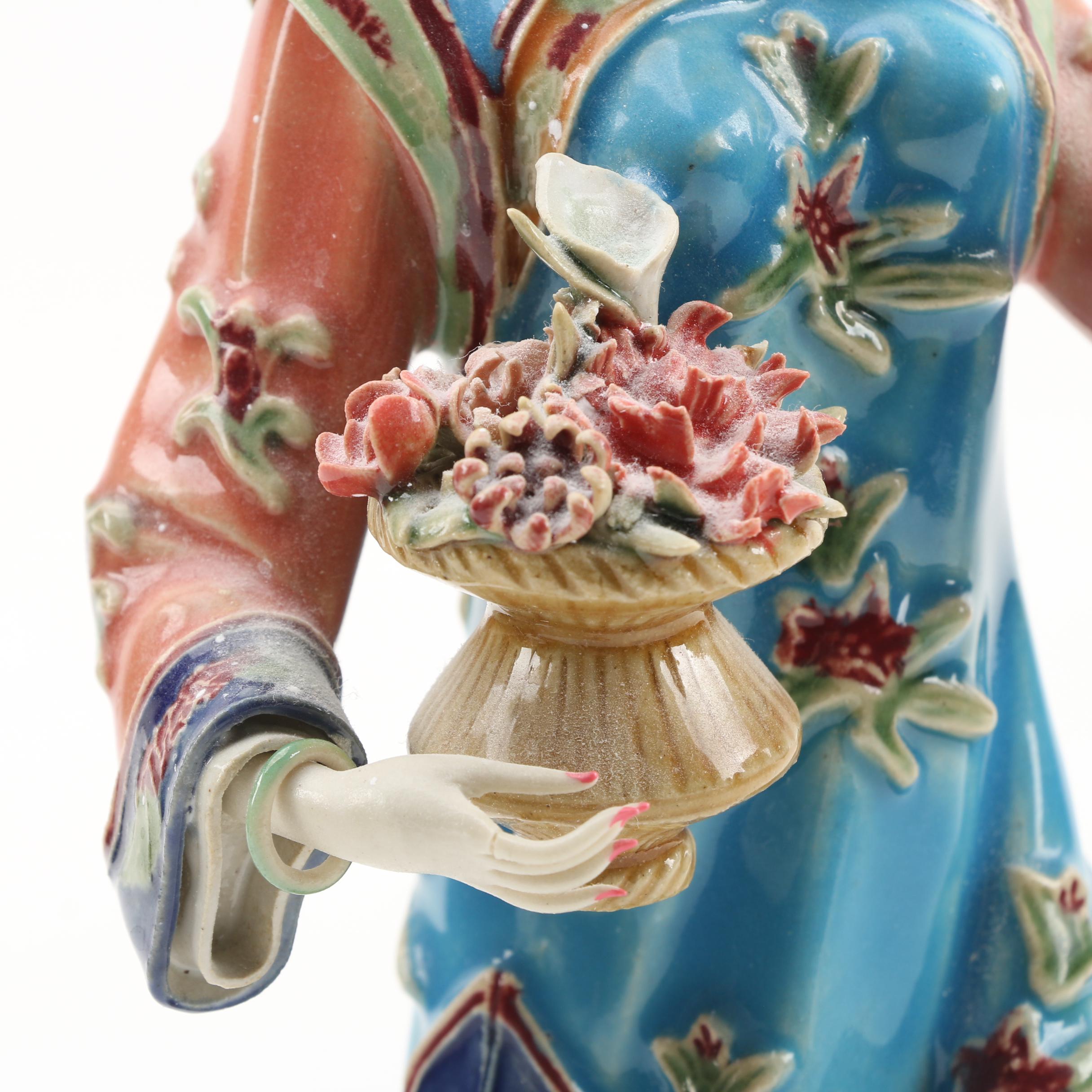 Chinese Shiwan Ware Lady Figurine Holding Flowers by Lin Wei Dong