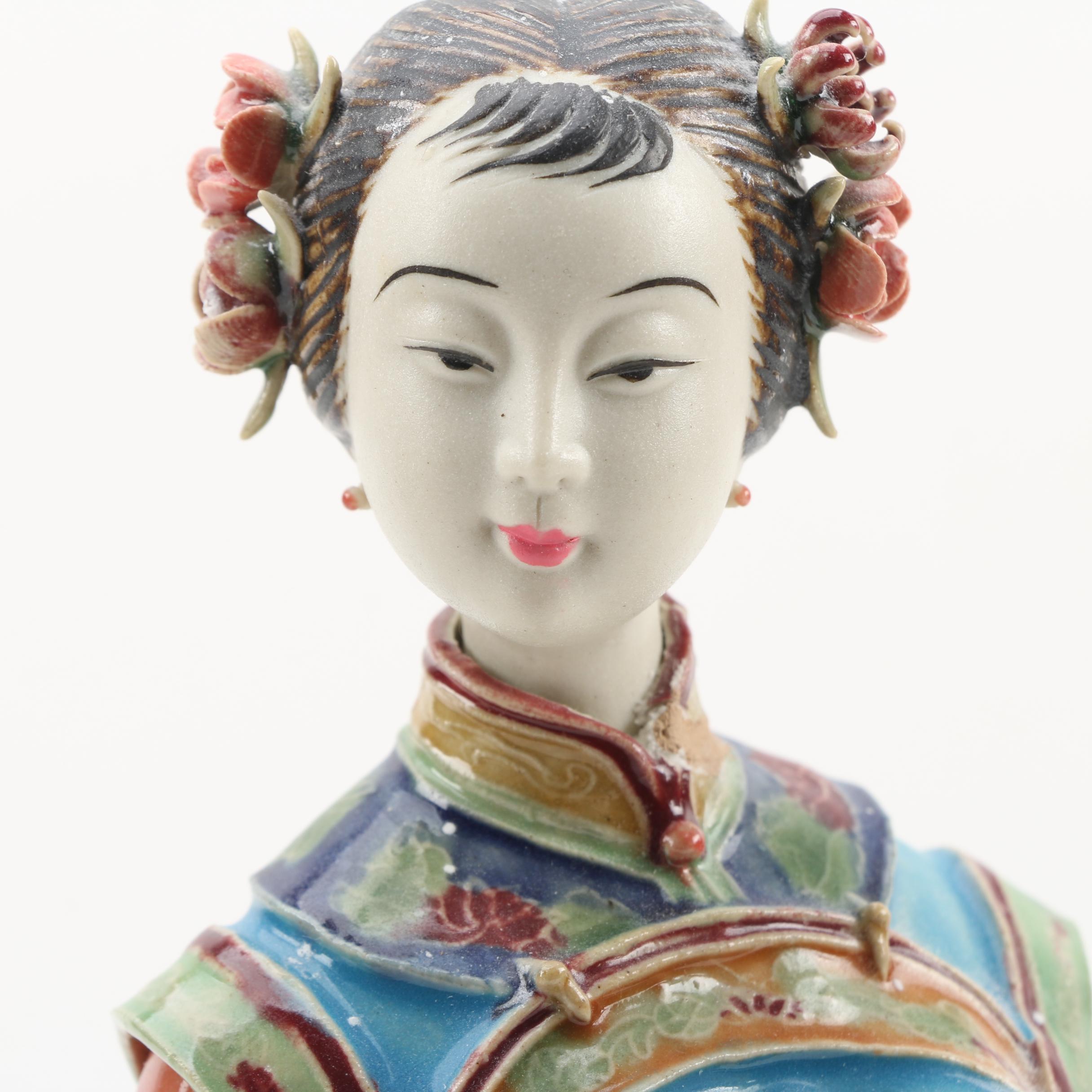 Chinese Shiwan Ware Lady Figurine Holding Flowers by Lin Wei Dong