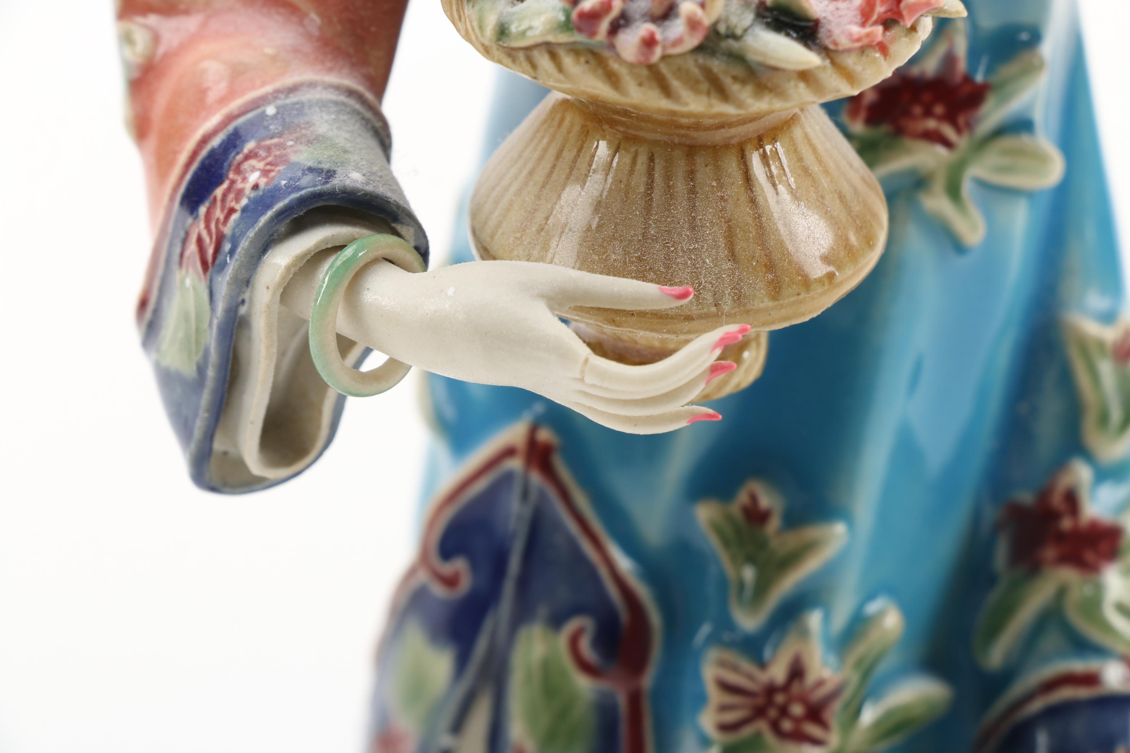 Chinese Shiwan Ware Lady Figurine Holding Flowers by Lin Wei Dong