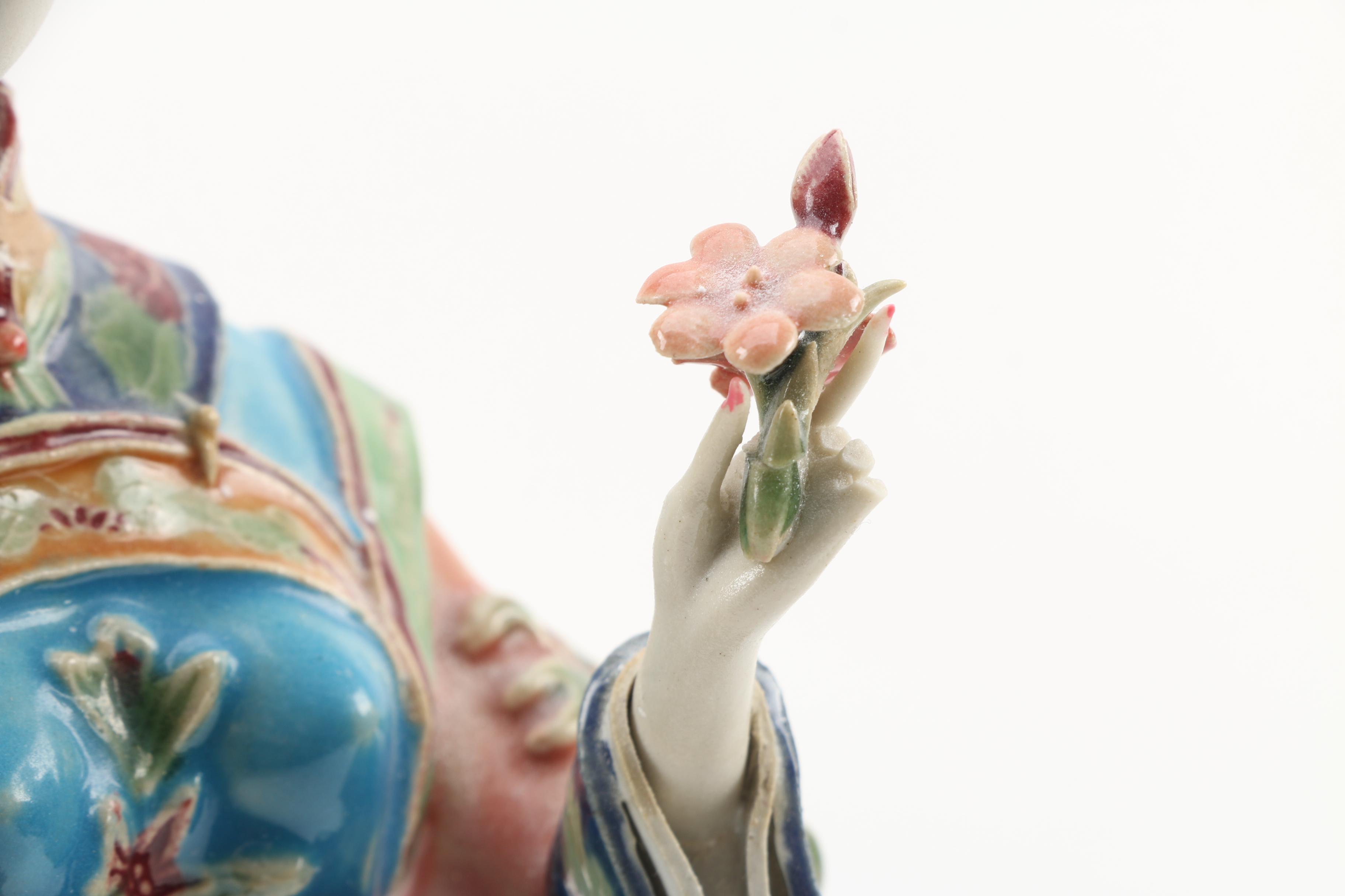 Chinese Shiwan Ware Lady Figurine Holding Flowers by Lin Wei Dong