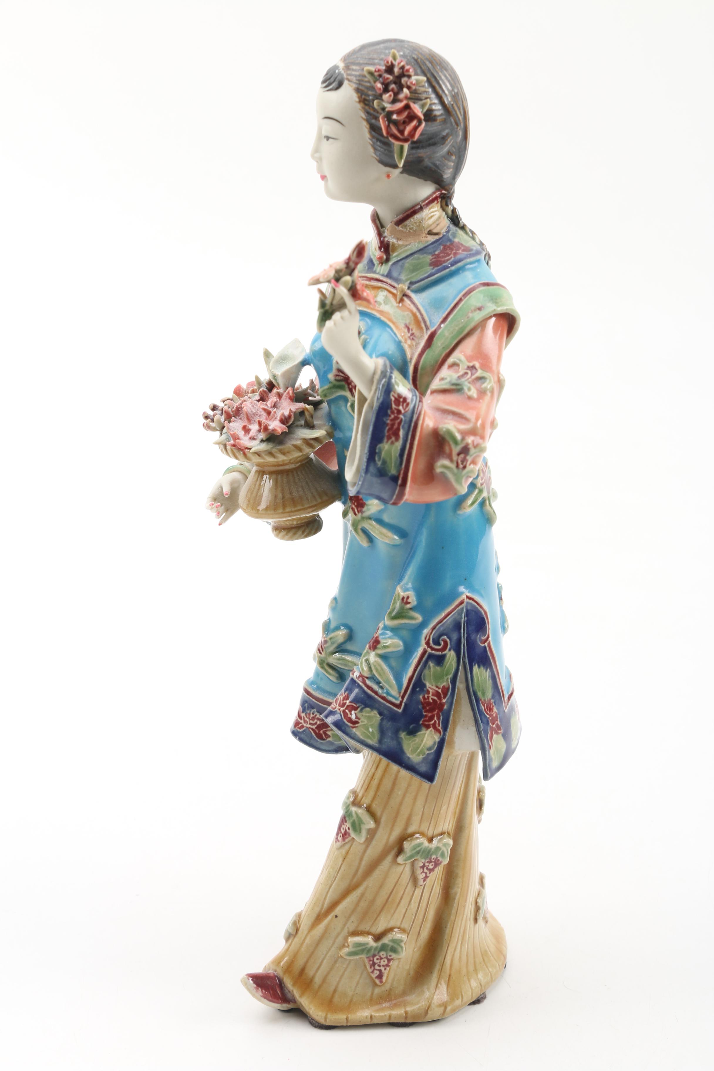 Chinese Shiwan Ware Lady Figurine Holding Flowers by Lin Wei Dong