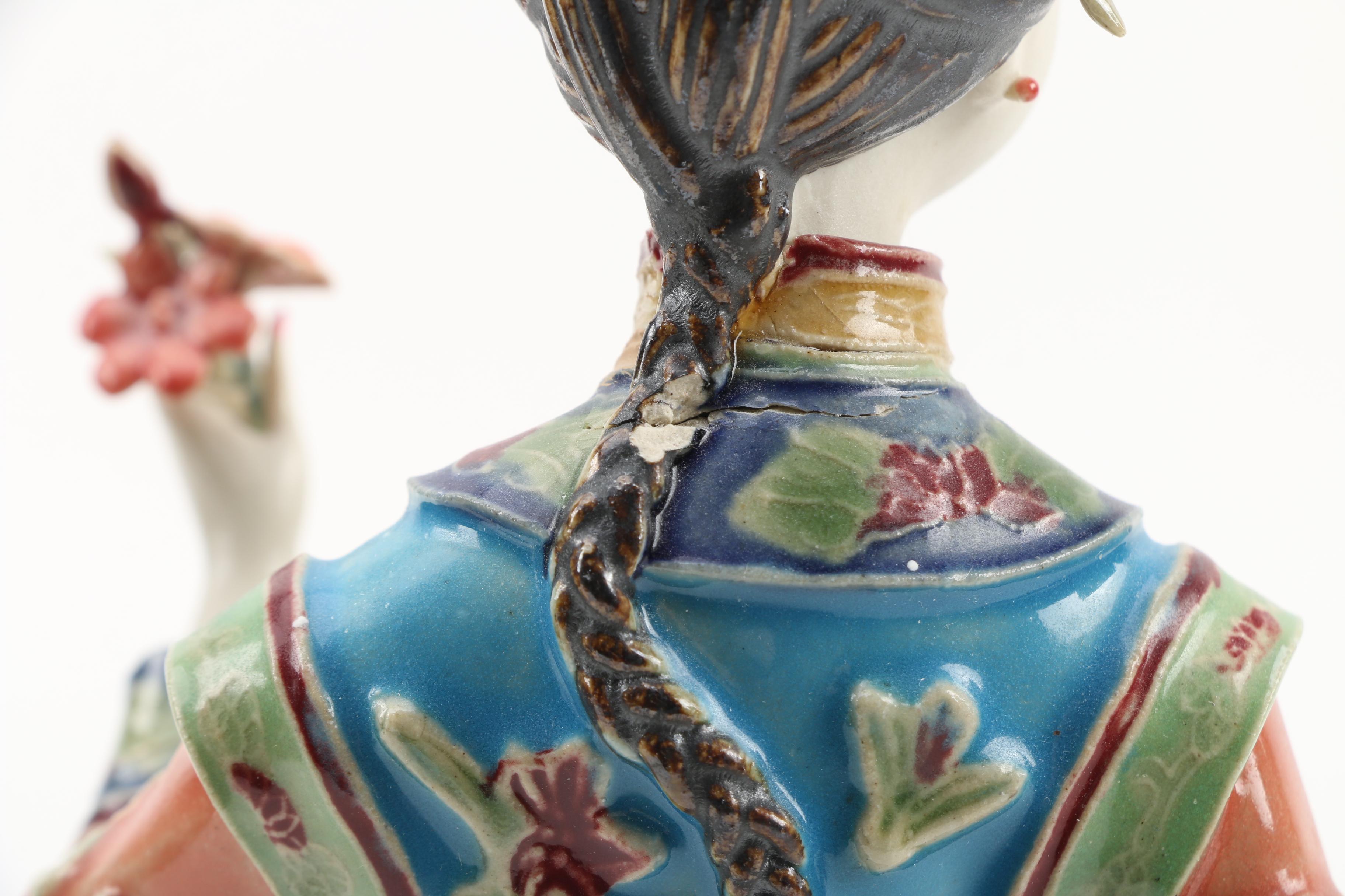 Chinese Shiwan Ware Lady Figurine Holding Flowers by Lin Wei Dong