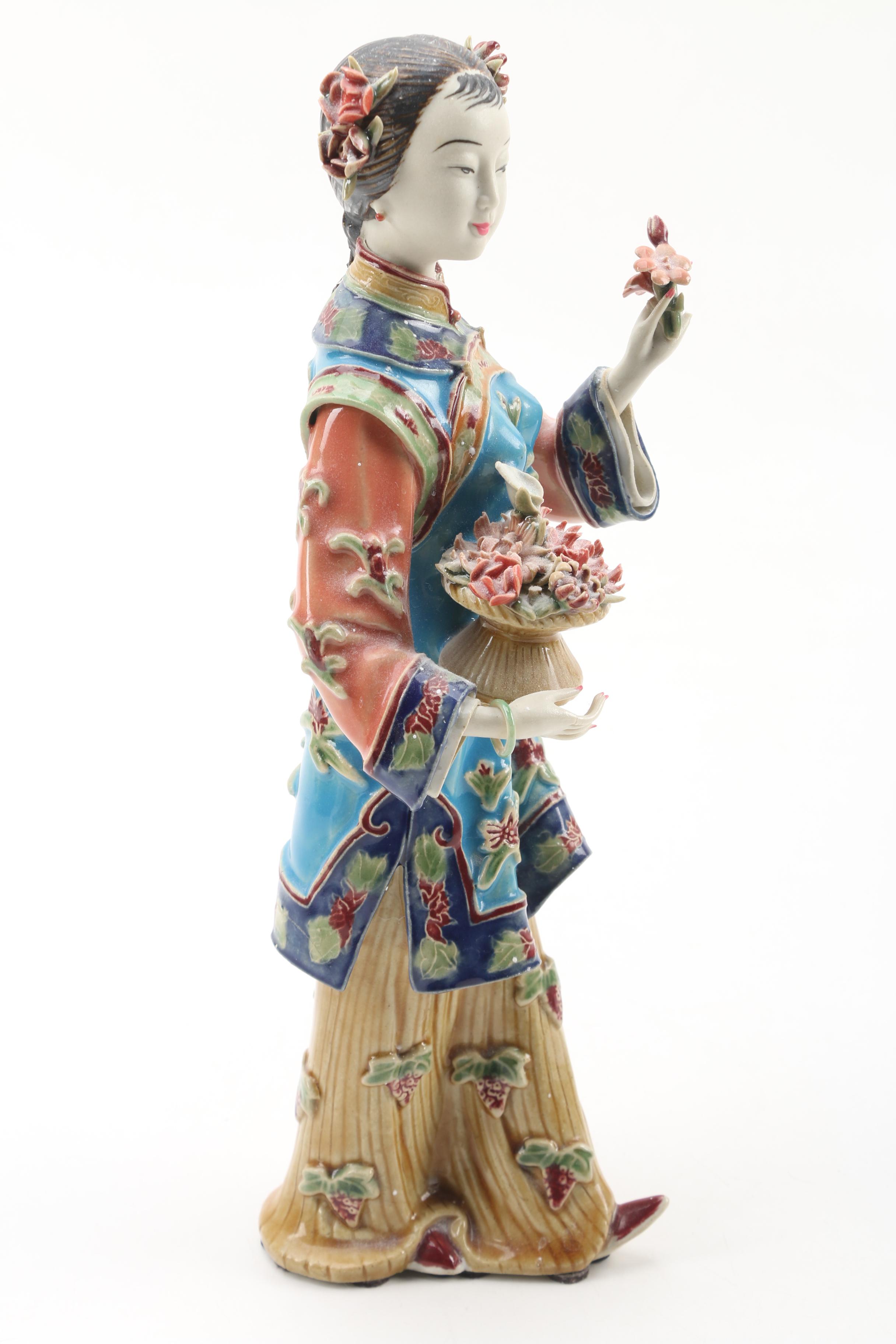 Chinese Shiwan Ware Lady Figurine Holding Flowers by Lin Wei Dong
