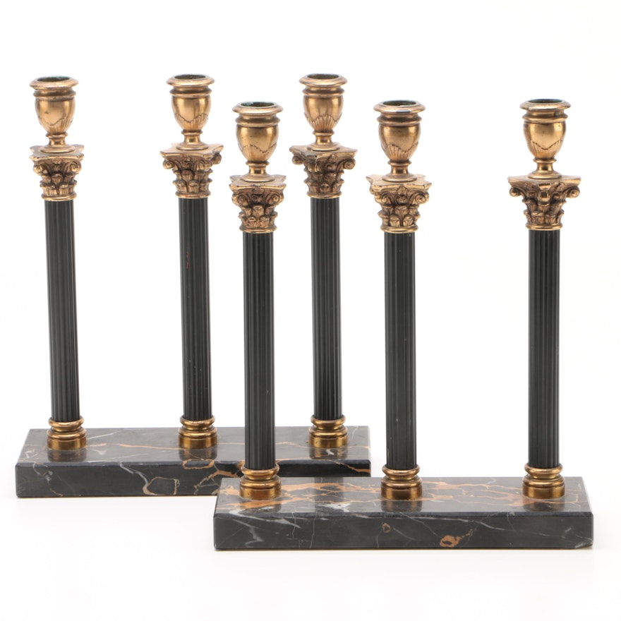 Neoclassical Style Brass and Marble Ionic Column Candle Holders, Mid-Century