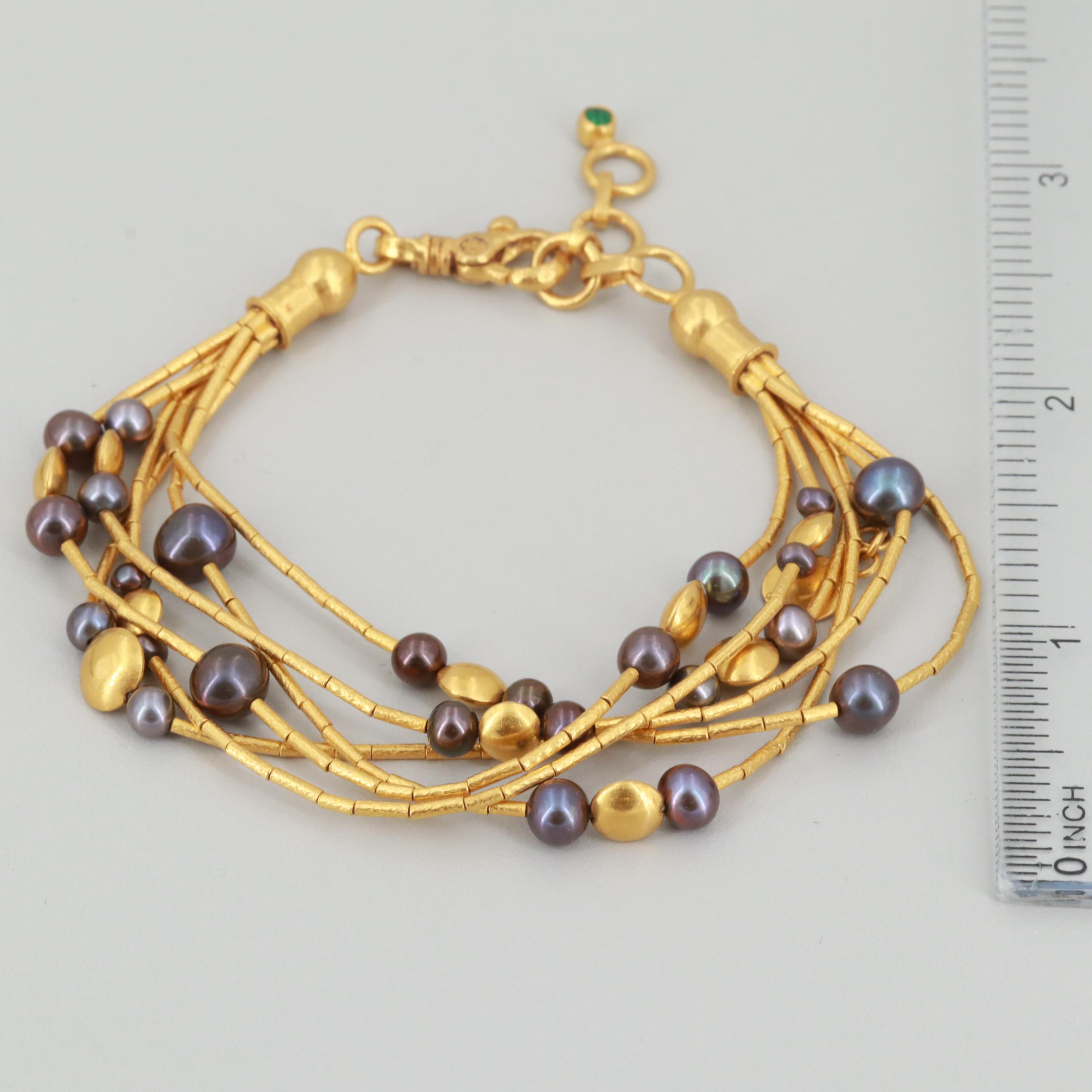Gurhan 24K Yellow Gold Cultured Pearl and Emerald Multi-Strand Bracelet