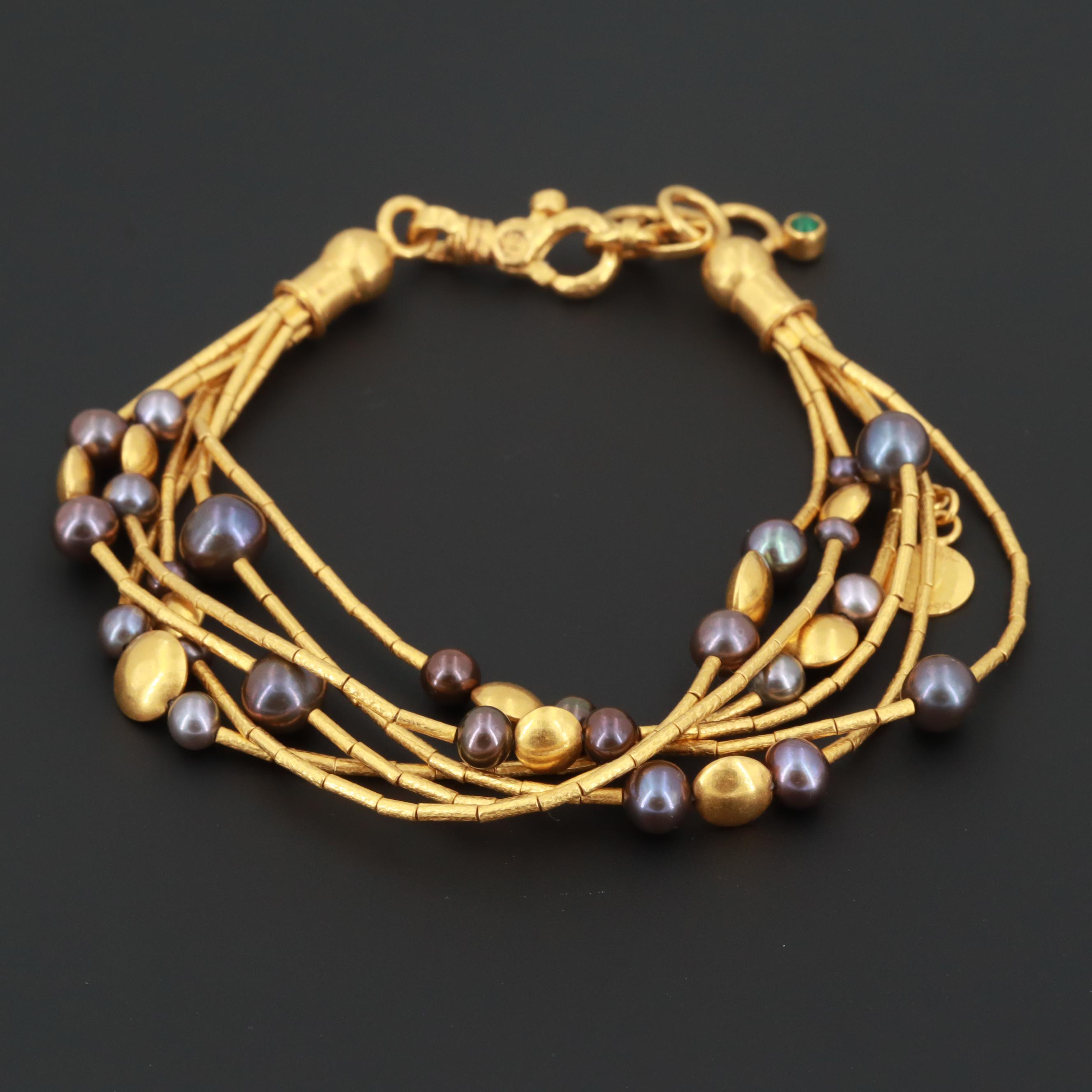 Gurhan 24K Yellow Gold Cultured Pearl and Emerald Multi-Strand Bracelet