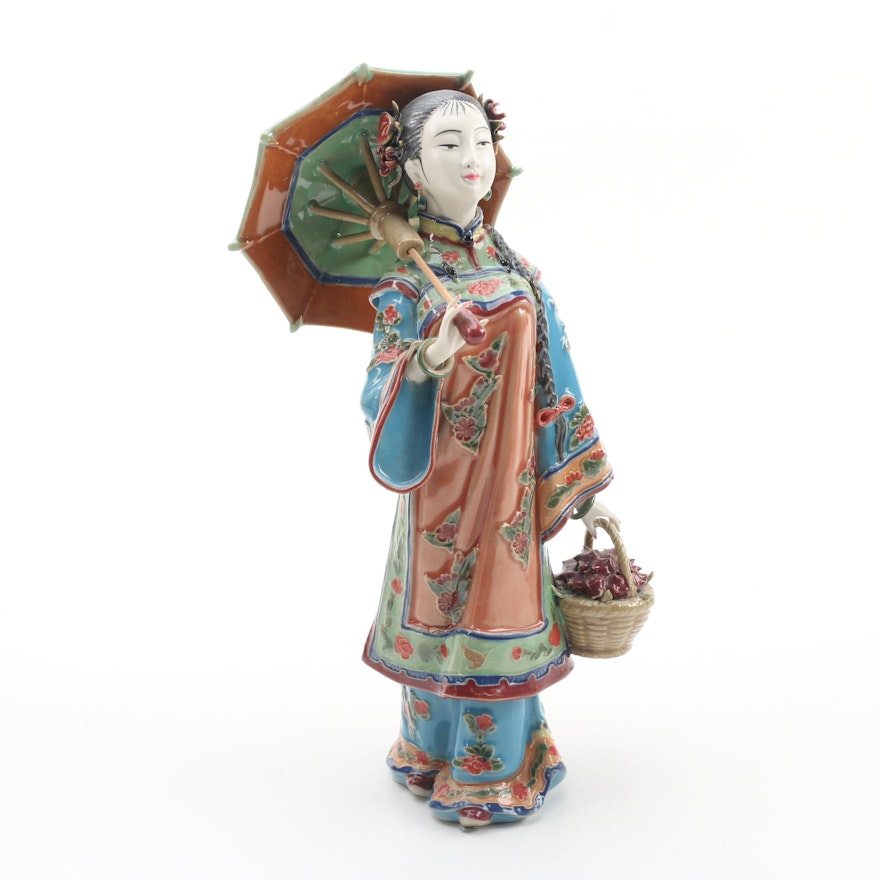 Chinese Shiwan Ware Lady with Parasol Figurine by Lin Wei Dong