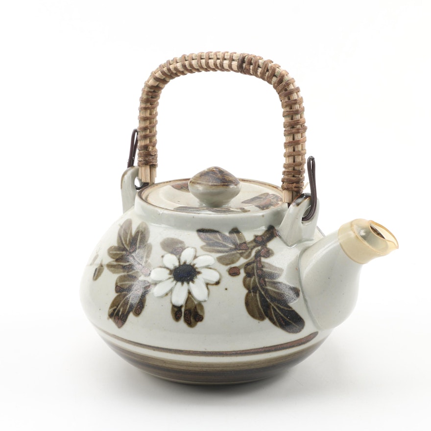 OMC Japanese Pottery Teapot with Wicker Handle, Late 20th Century