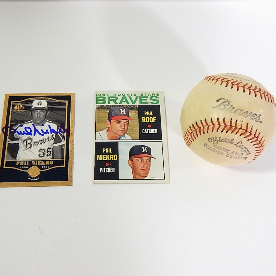 (HOF) Phil Niekro 1964 Baseball Rookie Card, Signed Card, and Braves Baseball