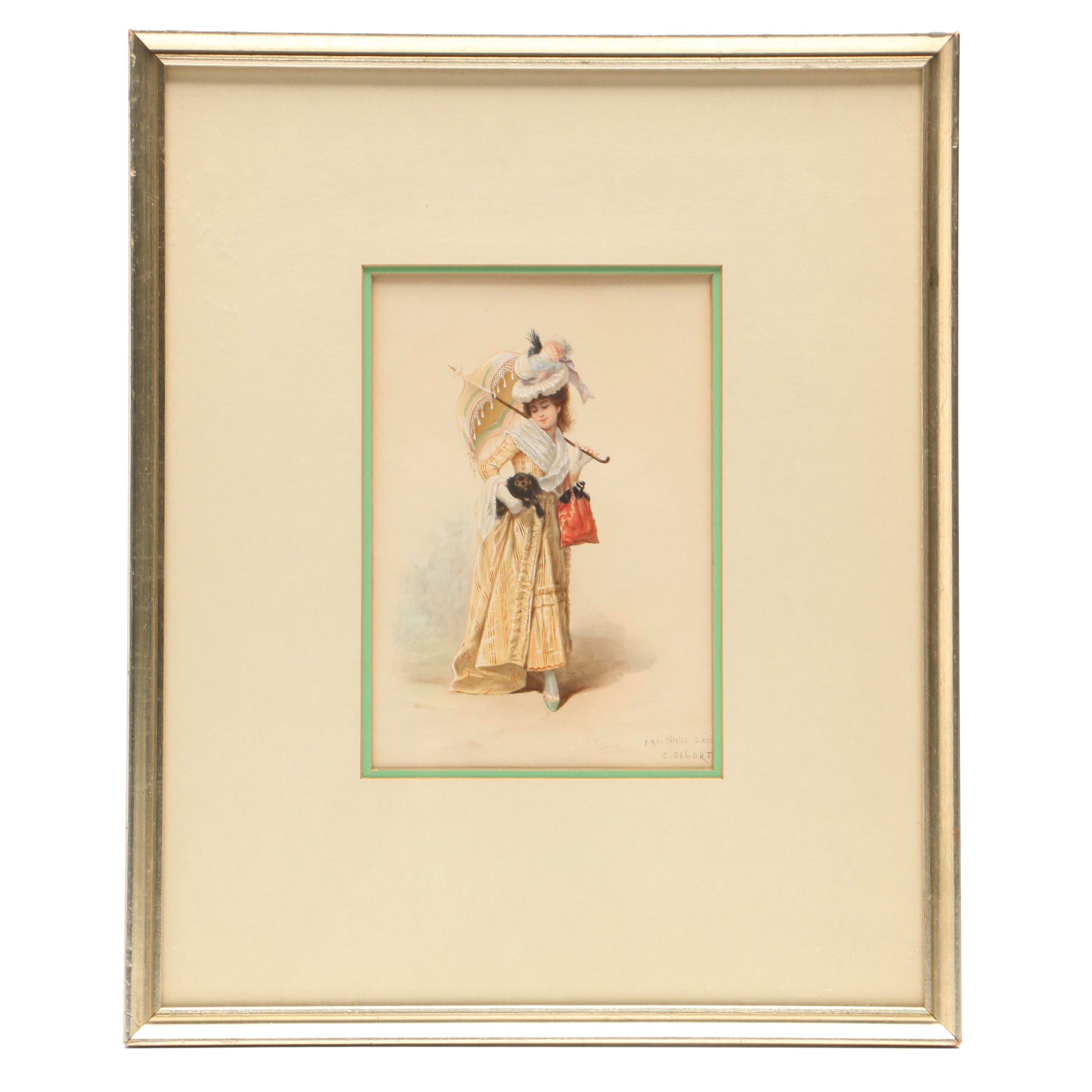 C. DeLori Hand-Embellished Lithograph "Parisian Girl with Umbrella and Dog"